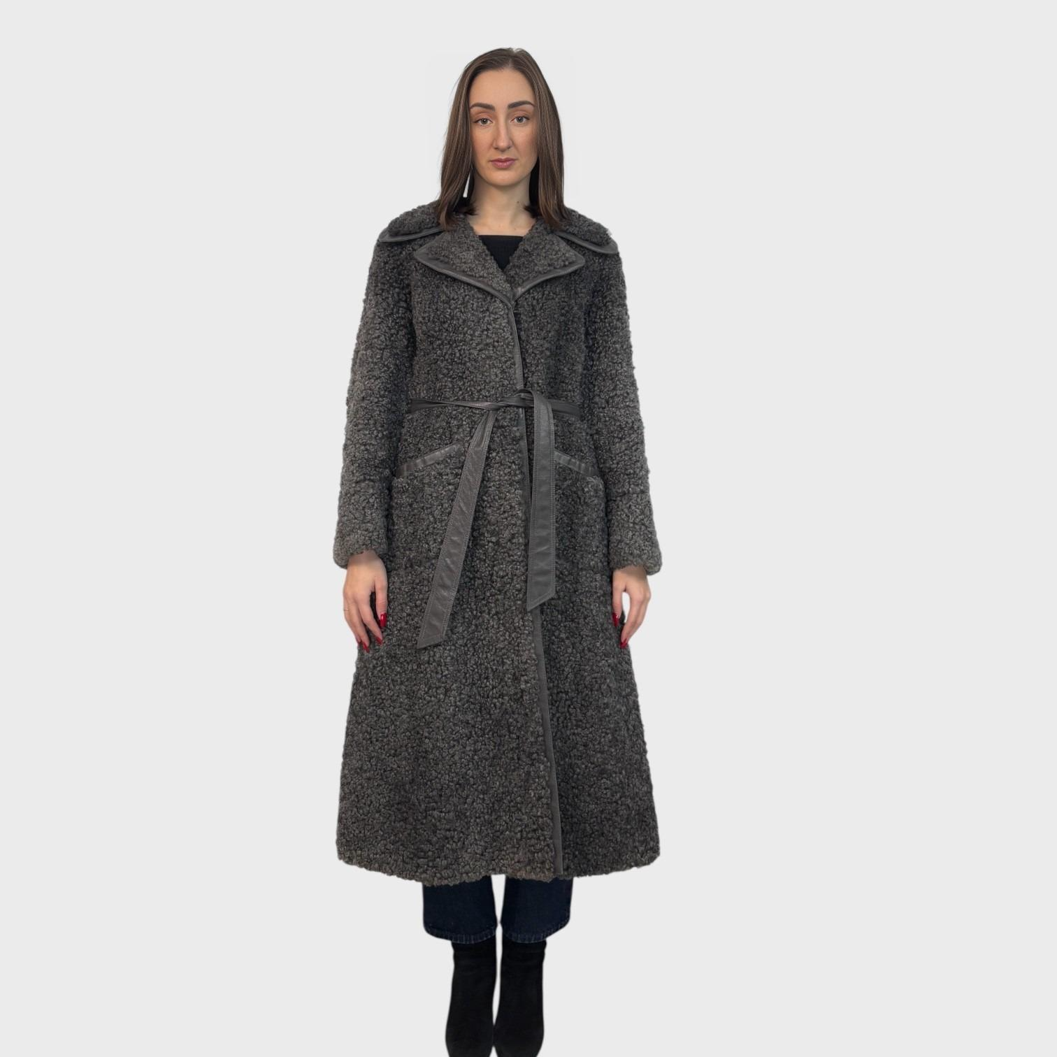 Grey Curly Lamb /Shearling Coat Leather Belt