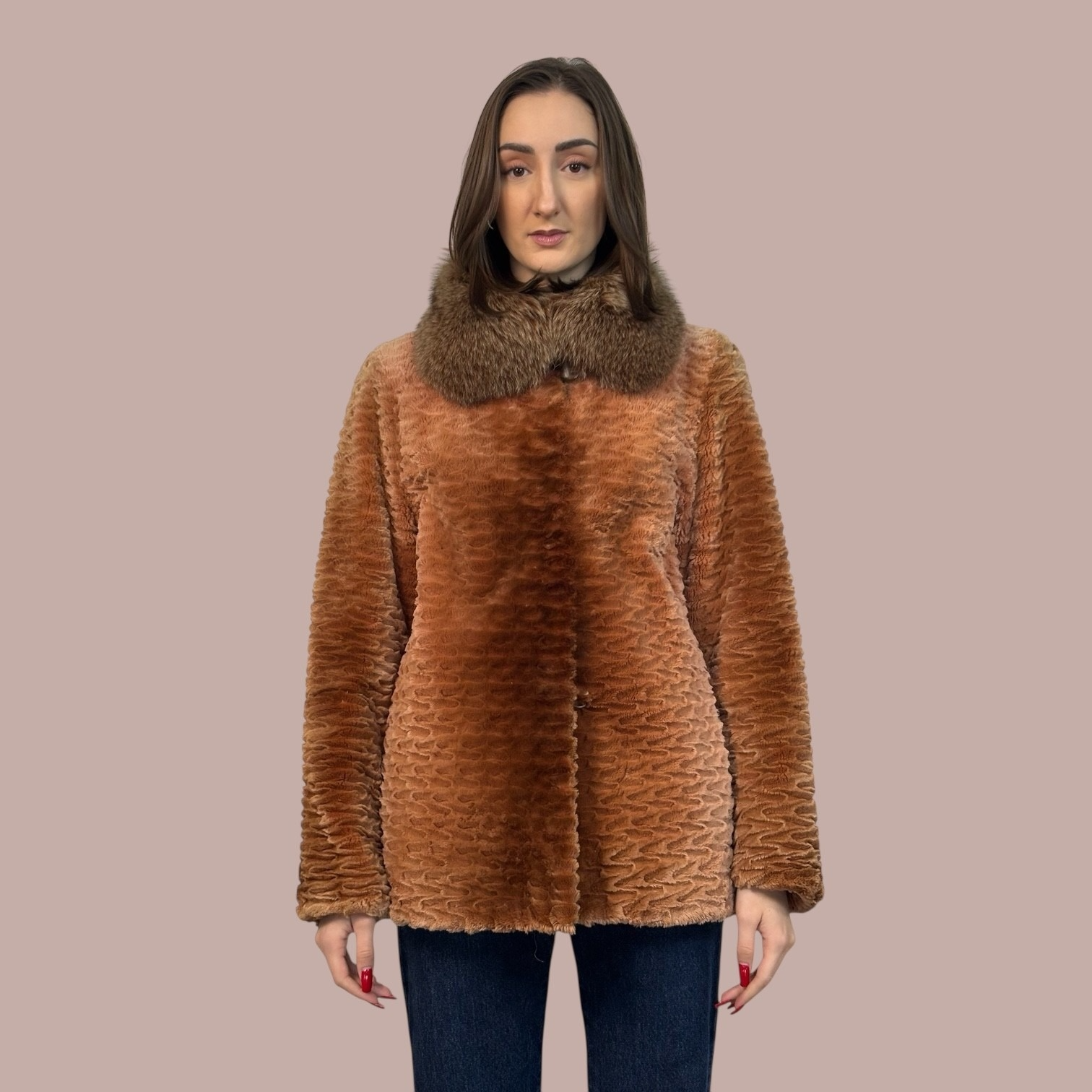 Cognac Dyed Sheared And Grooved Beaver Jacket - Fox Collar