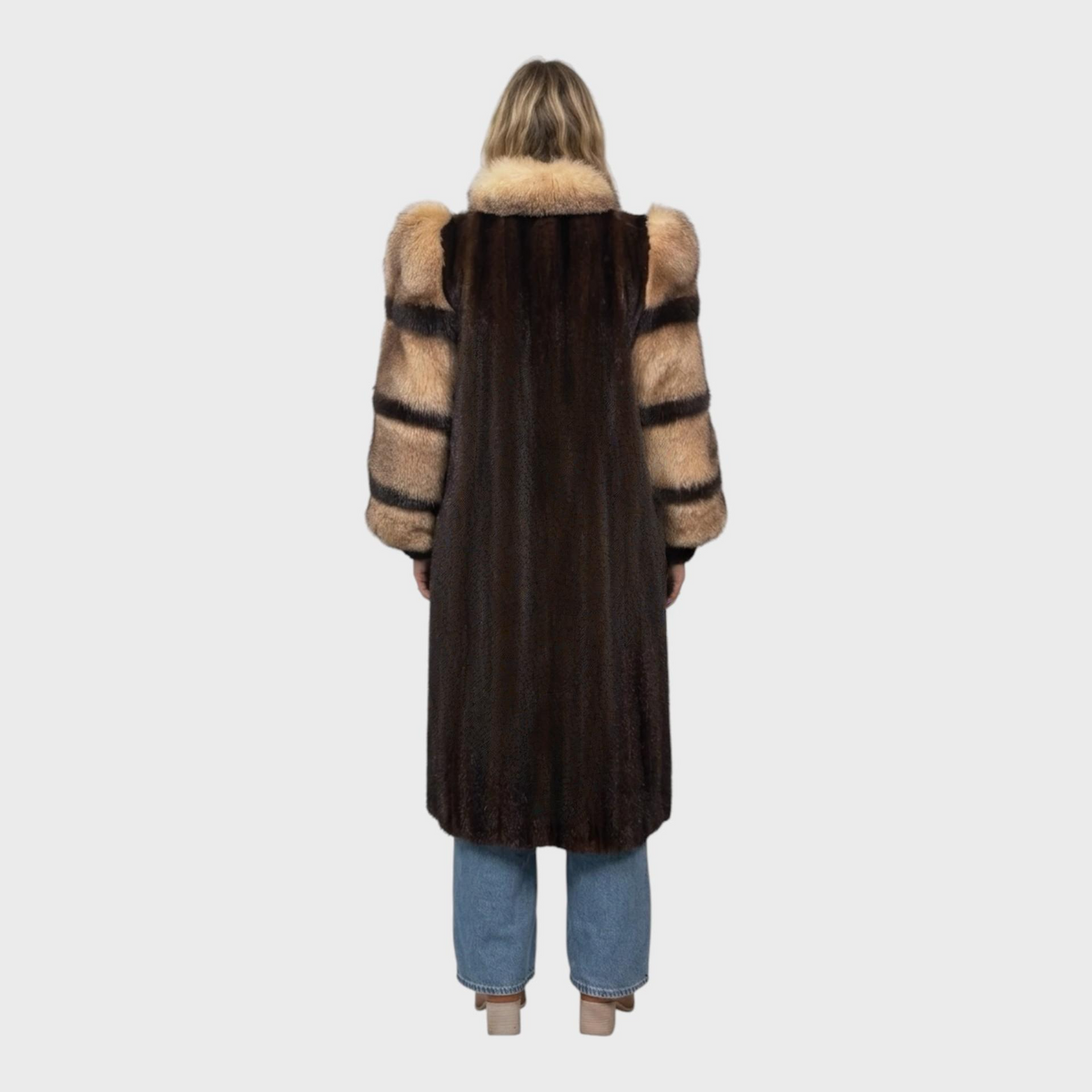 Mahogany Vintage Mink Coat with Crystal Fox Tuxedo and Sleeves