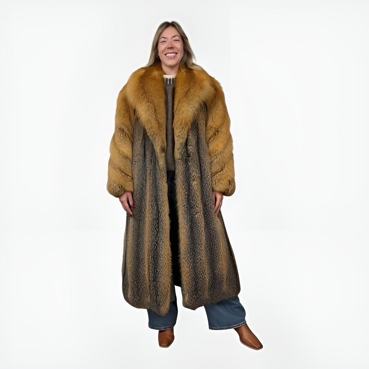 American Grey Vintage Fox Coat - Canadian Red Fox Collar & Sleeves