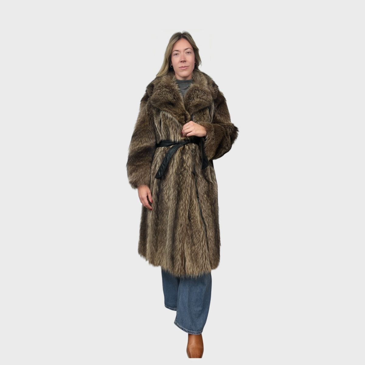 Natural Vintage Petite Raccoon Coat with Leather Belt