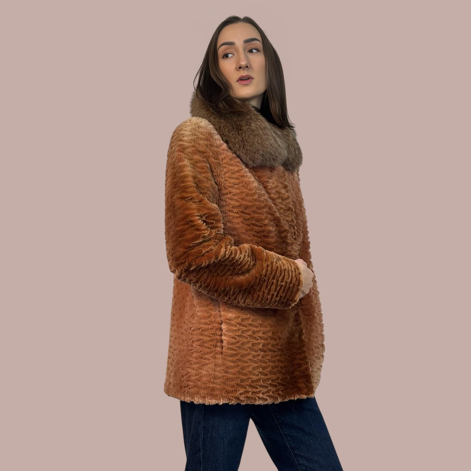 Cognac Dyed Sheared And Grooved Beaver Jacket - Fox Collar