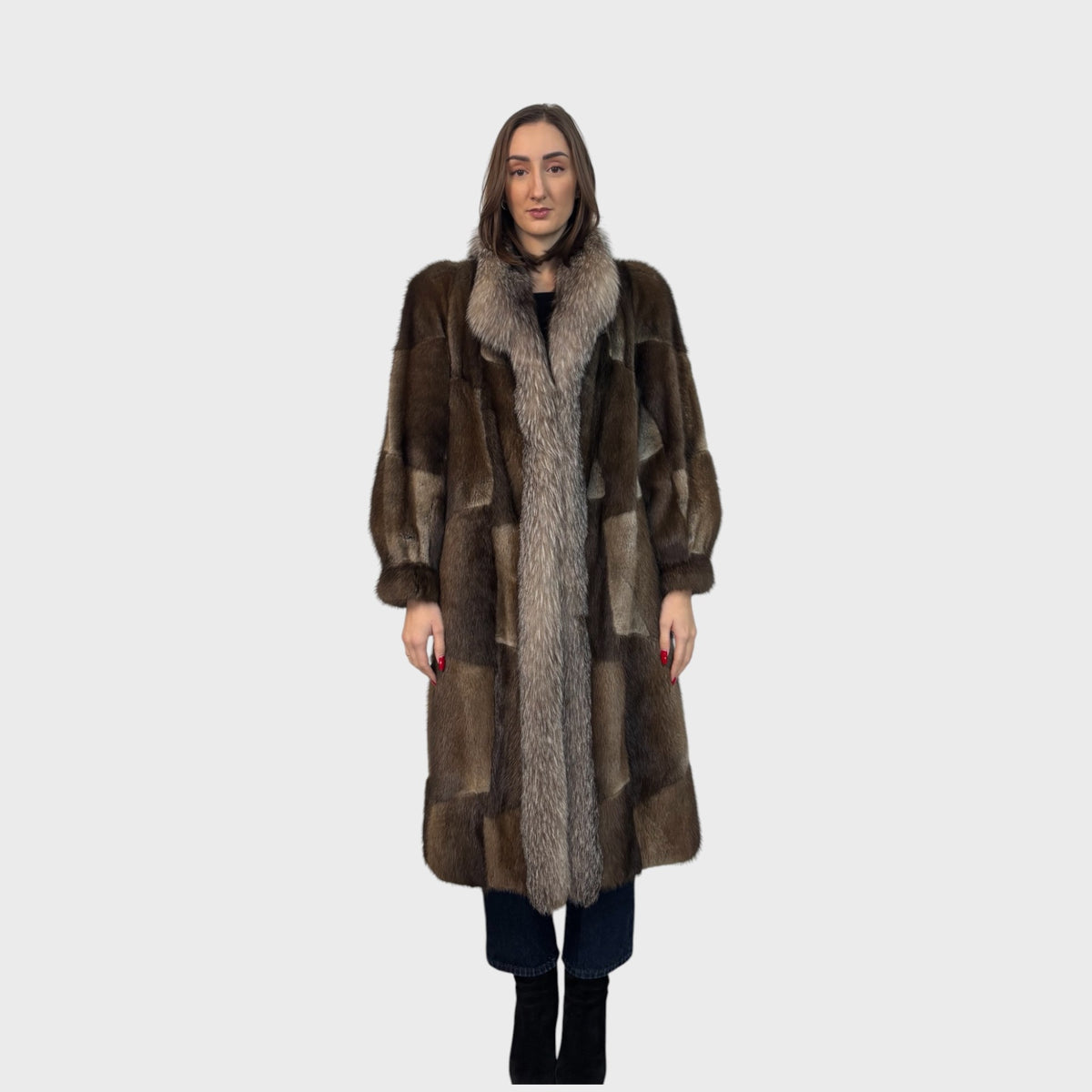 Vintage Natural Muskrat Coat with Fox Tuxedo Trim