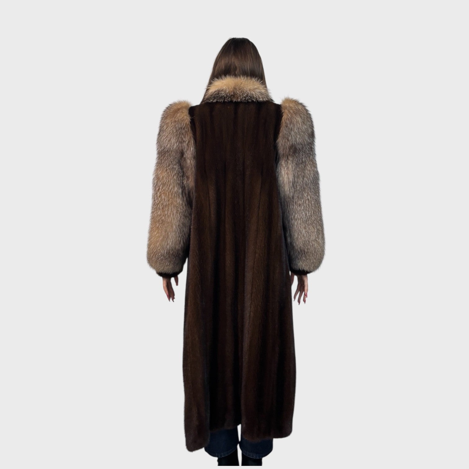 Mahogany Mink Coat - Crystal Fox Tuxedo & Sleeves