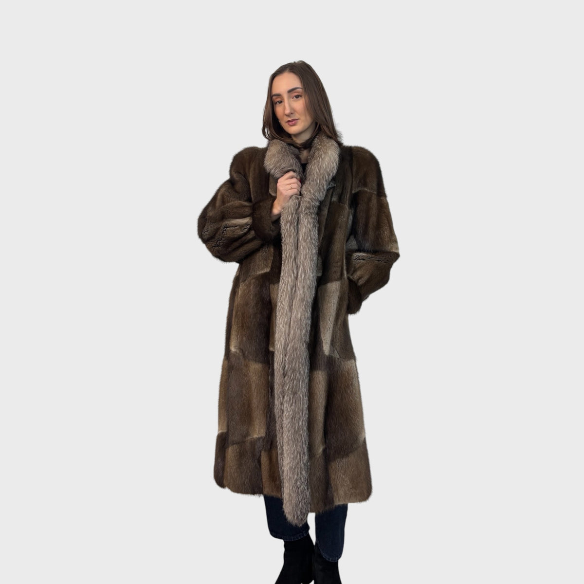 Vintage Natural Muskrat Coat with Fox Tuxedo Trim