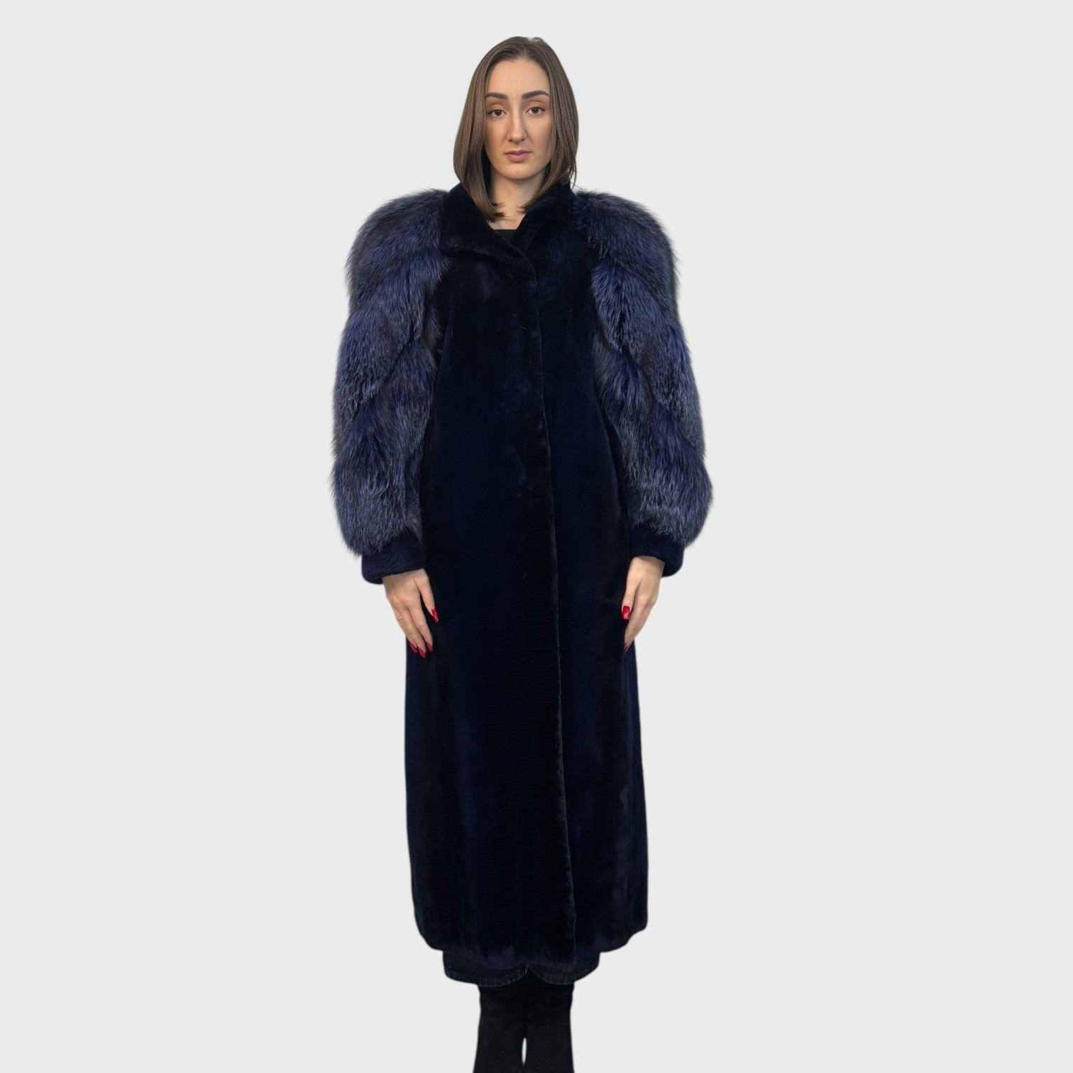 Royal Blue Dyed Sheared Beaver Coat - Silver Fox Sleeves Dyed to Match