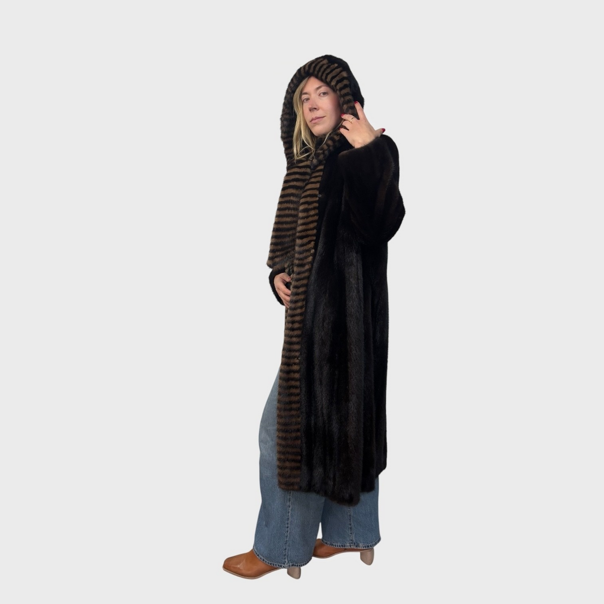 Dark Ranch Mink Coat - Two Tone Trim on Collar and Fronts & Detachable Hood