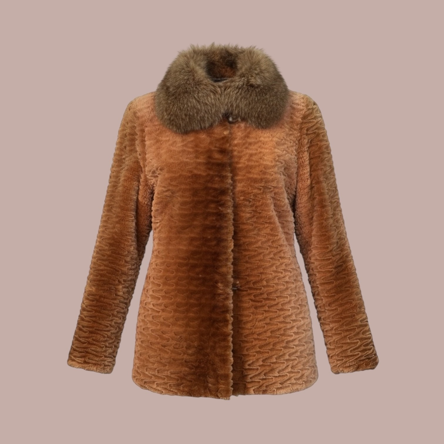 Cognac Dyed Sheared And Grooved Beaver Jacket - Fox Collar