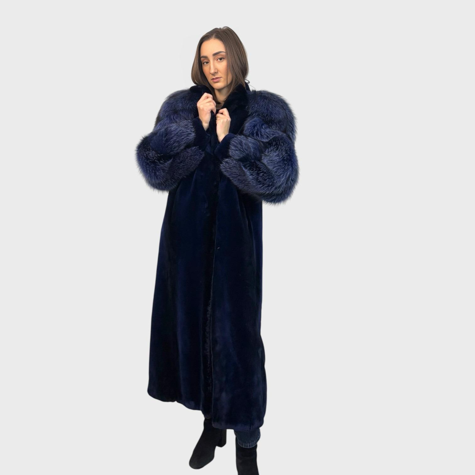 Royal Blue Dyed Sheared Beaver Coat - Silver Fox Sleeves Dyed to Match