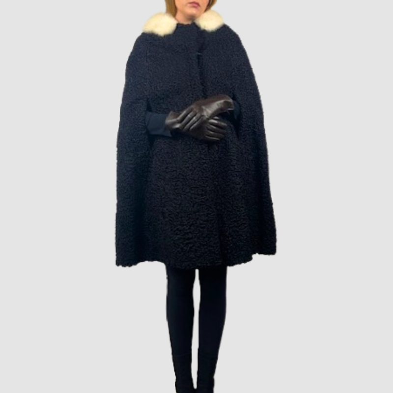 BLACK PERSIAN LAMB CAPE-WHITE MINK COLLAR