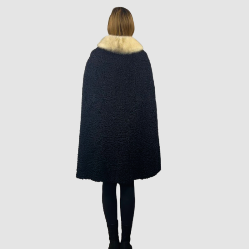 BLACK PERSIAN LAMB CAPE-WHITE MINK COLLAR