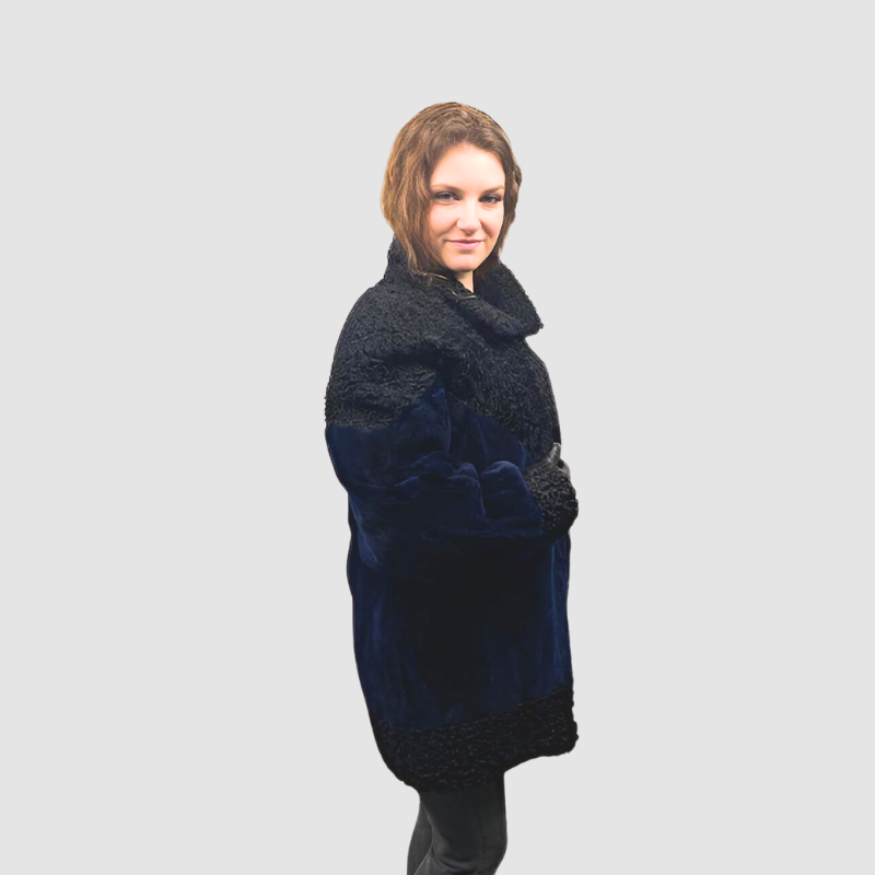 BLACK PERSIAN LAMB & NAVY BLUE DYED SHEARED BEAVER JACKET