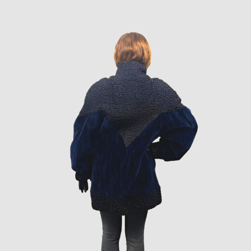 BLACK PERSIAN LAMB & NAVY BLUE DYED SHEARED BEAVER JACKET