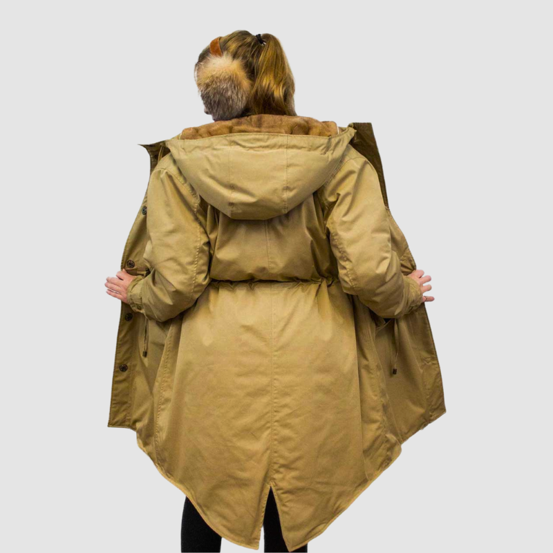 CAMEL COTTON TWILL PARKA LINED WITH UPCYCLED SHEARED MINK