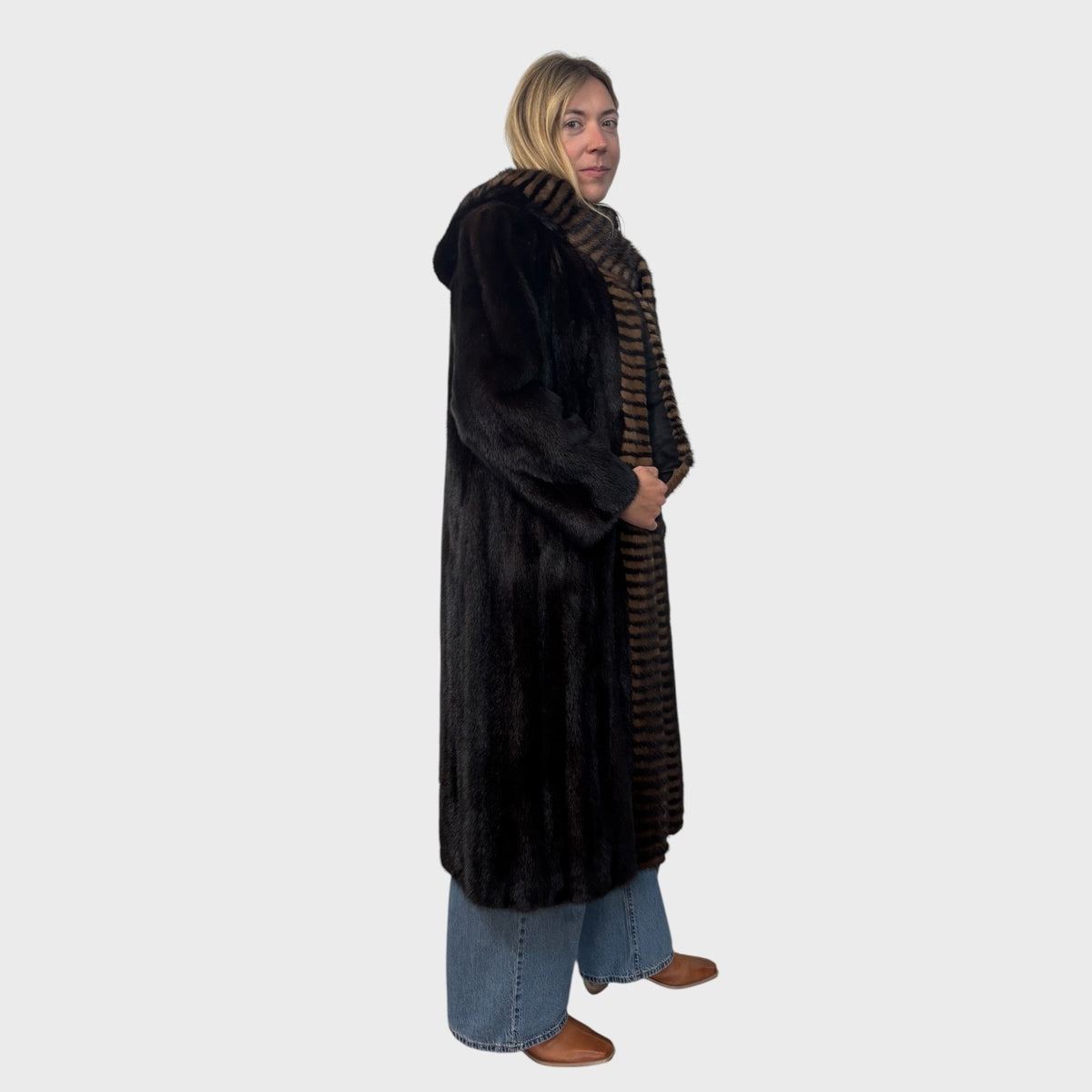 Dark Ranch Mink Coat - Two Tone Trim on Collar and Fronts & Detachable Hood