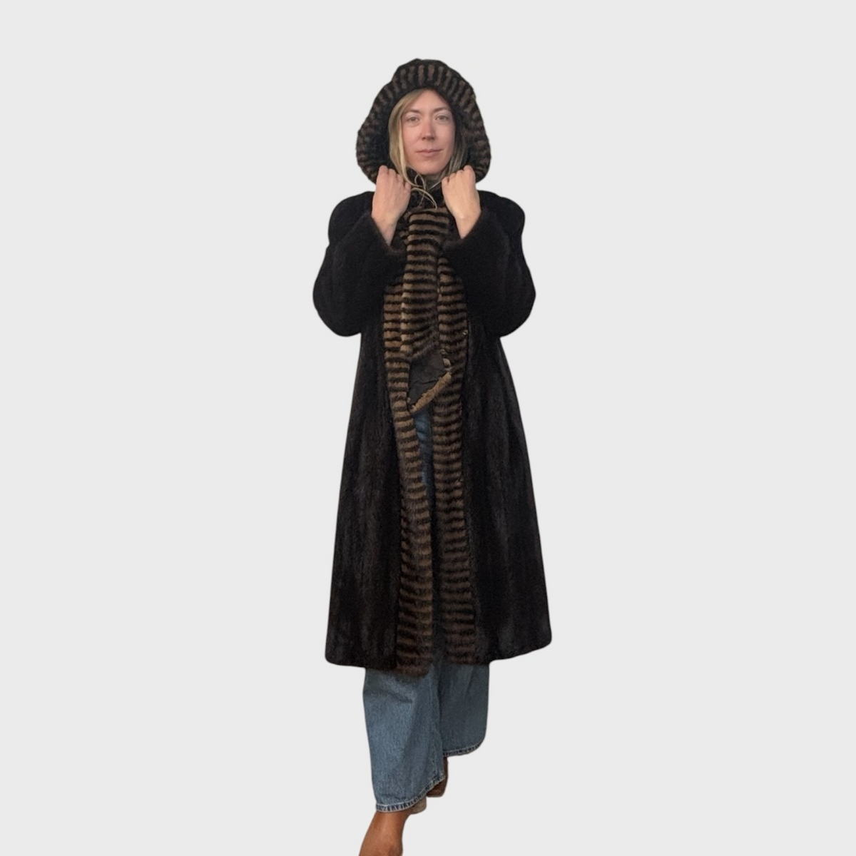 Dark Ranch Mink Coat - Two Tone Trim on Collar and Fronts & Detachable Hood