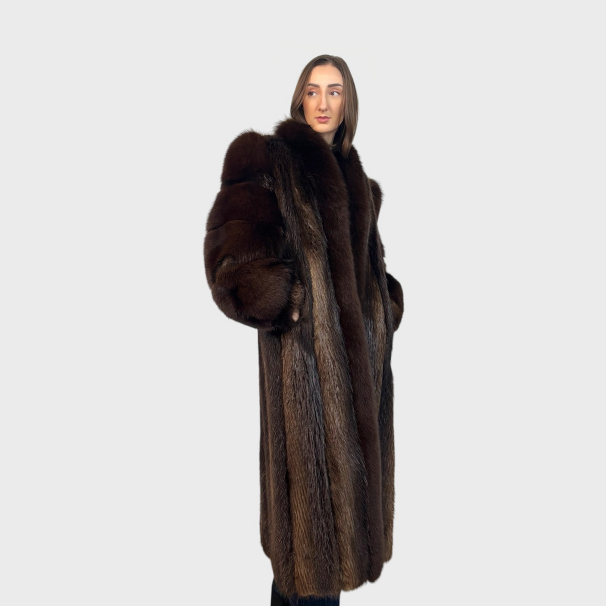 Natural Dark Beaver Coat with Fox Trim — Vintage