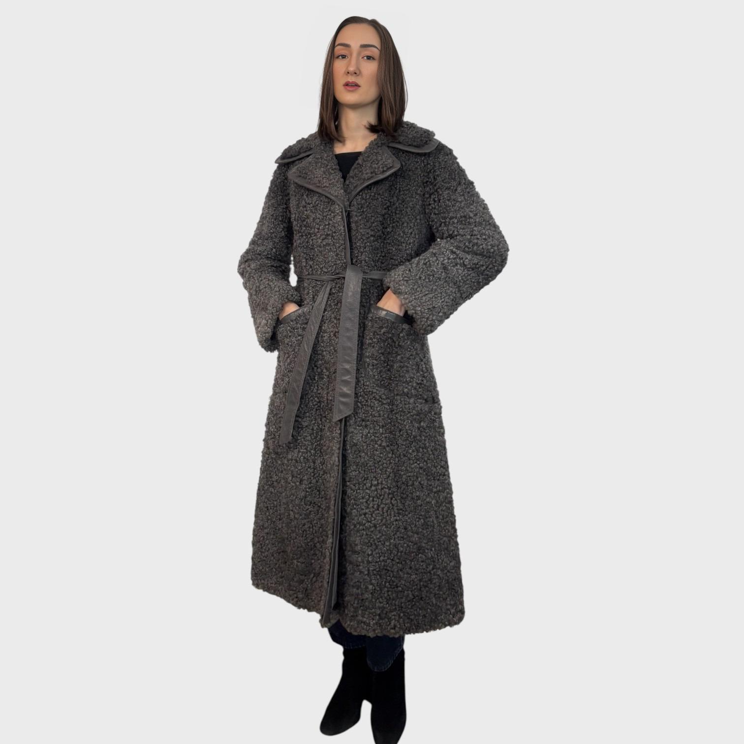 Grey Curly Lamb /Shearling Coat Leather Belt
