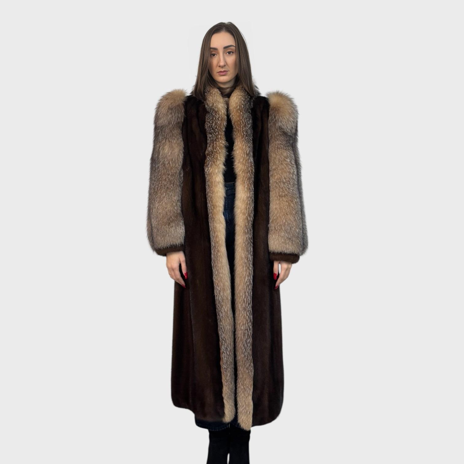 Mahogany Mink Coat - Crystal Fox Tuxedo & Sleeves