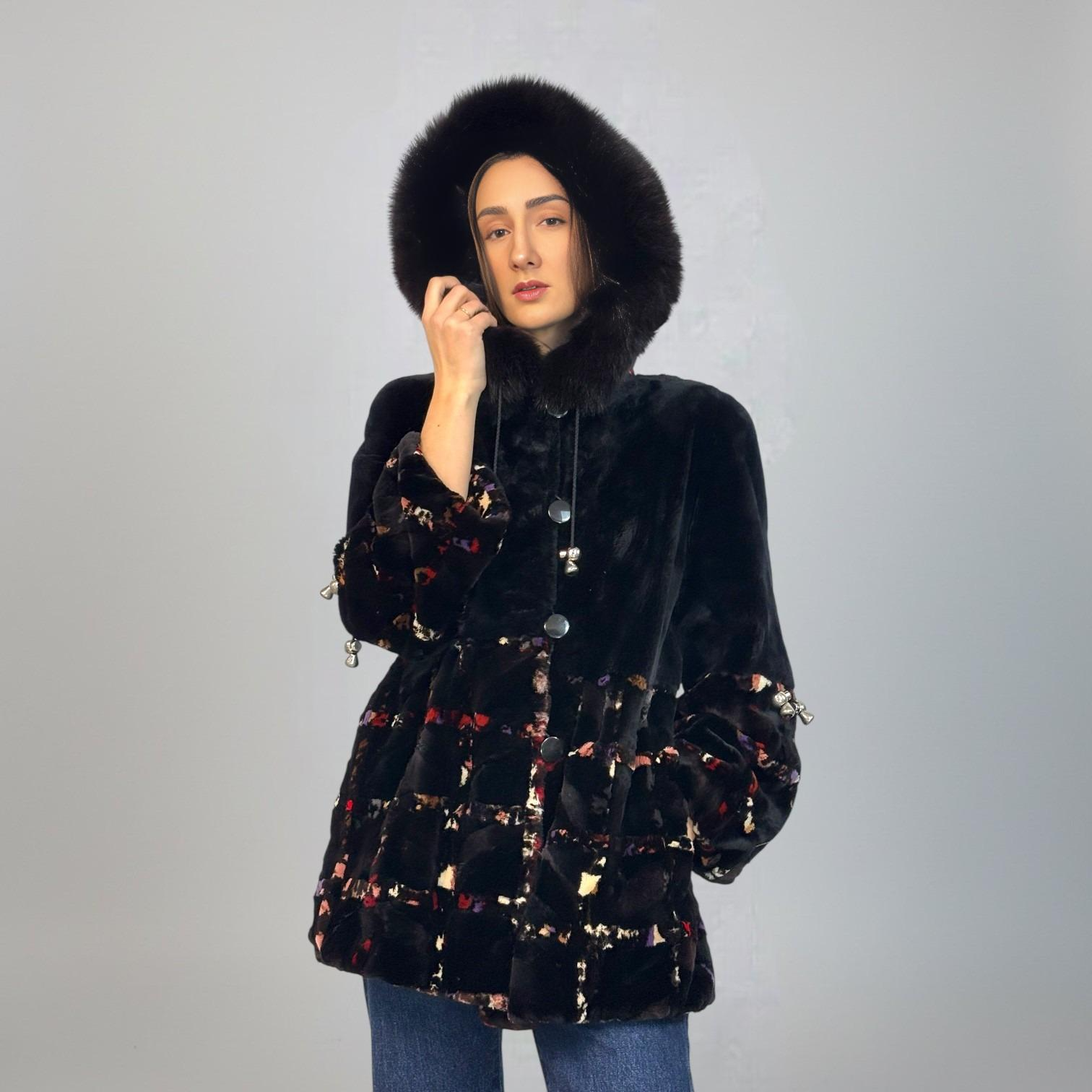 Sheared Beaver and Multicolored Sheared Mink Design Hooded Jacket -Fox trim on Hood