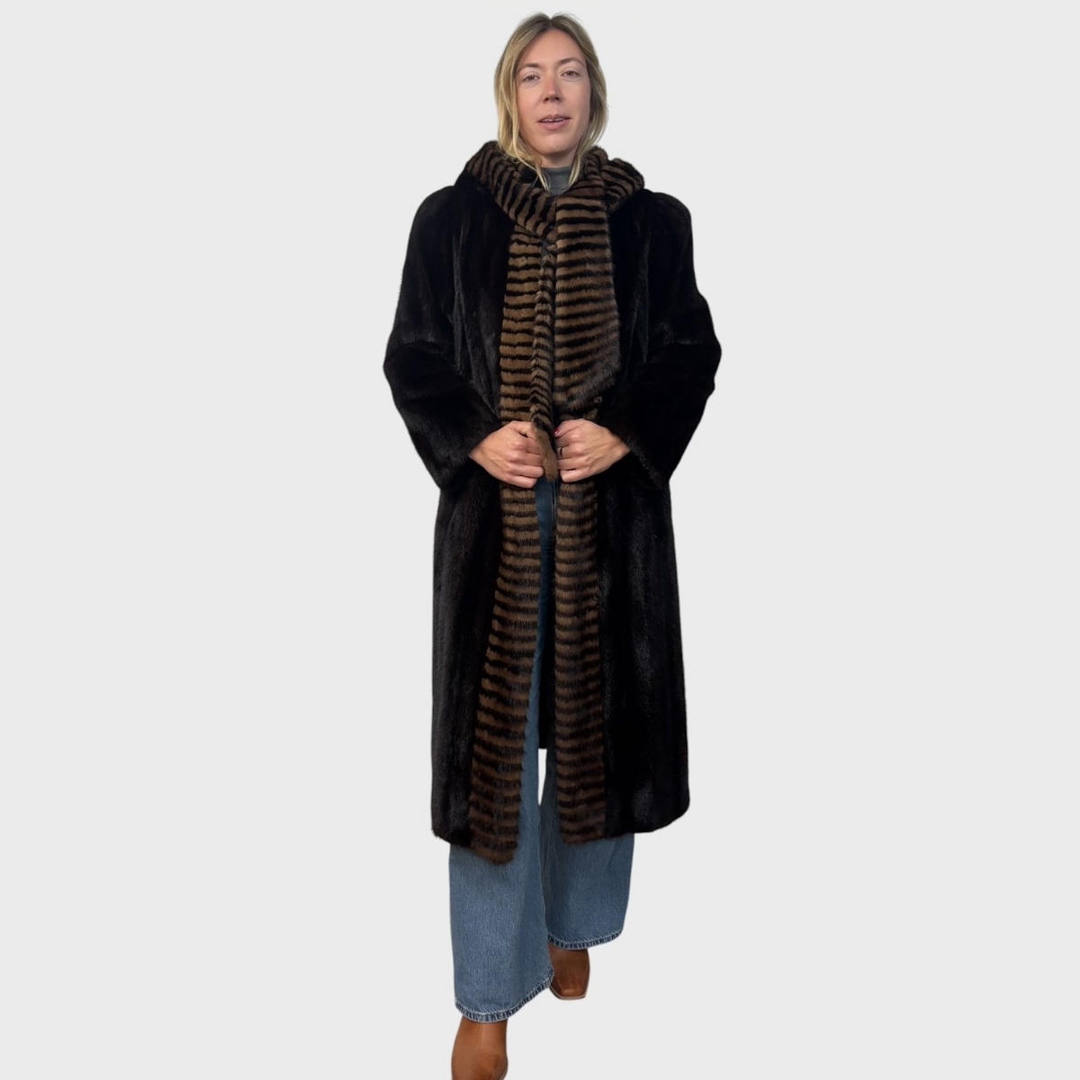 Dark Ranch Mink Coat - Two Tone Trim on Collar and Fronts & Detachable Hood