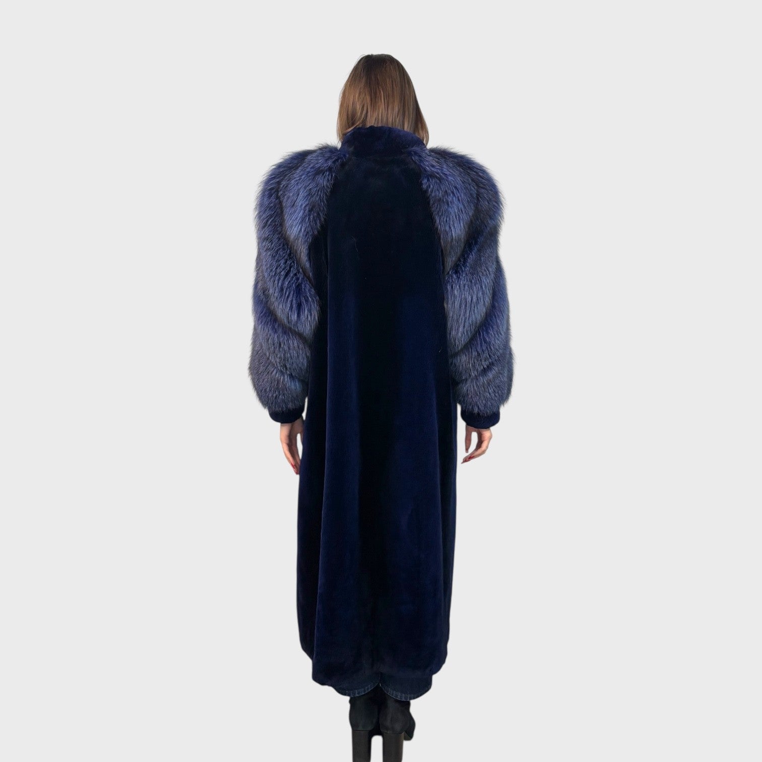Royal Blue Dyed Sheared Beaver Coat - Silver Fox Sleeves Dyed to Match