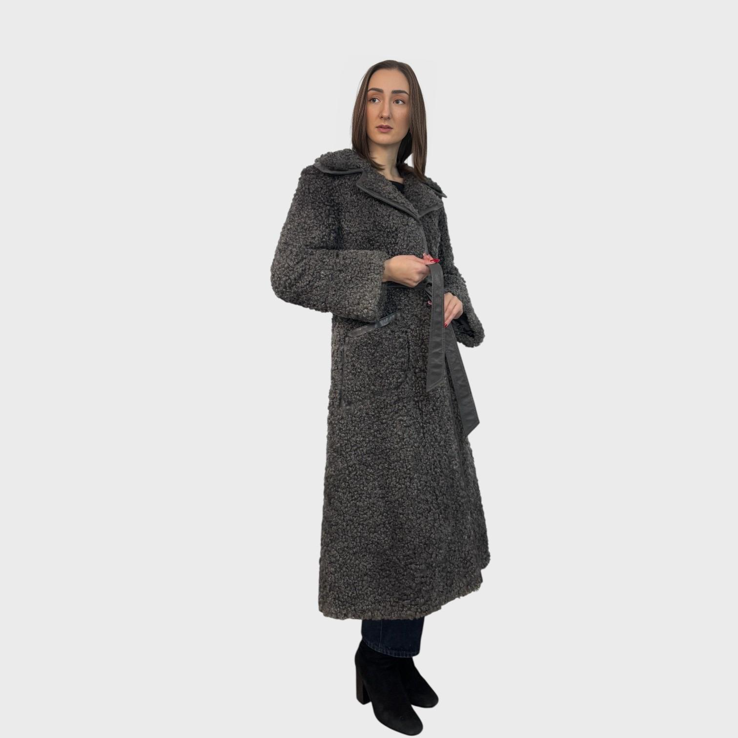 Grey Curly Lamb /Shearling Coat Leather Belt