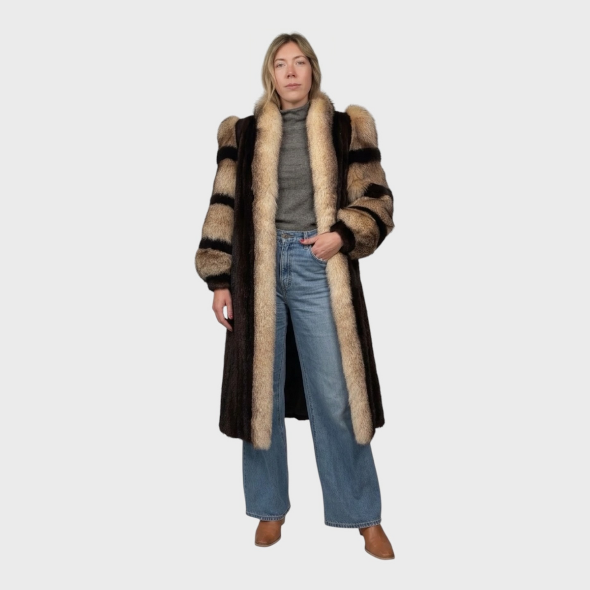 Mahogany Vintage Mink Coat with Crystal Fox Tuxedo and Sleeves
