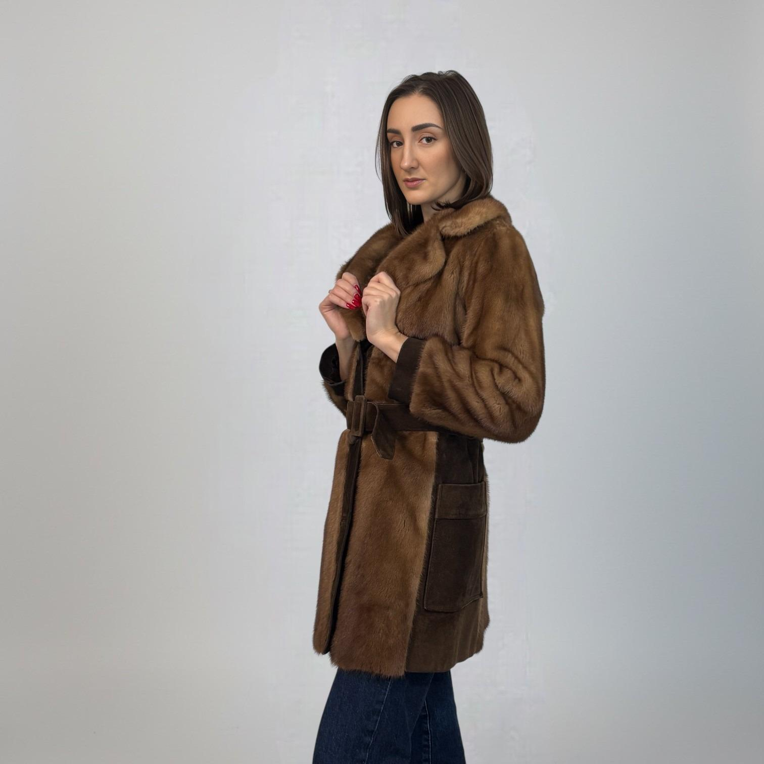 Pastel Mink Jacket - Suede Panels - Belted