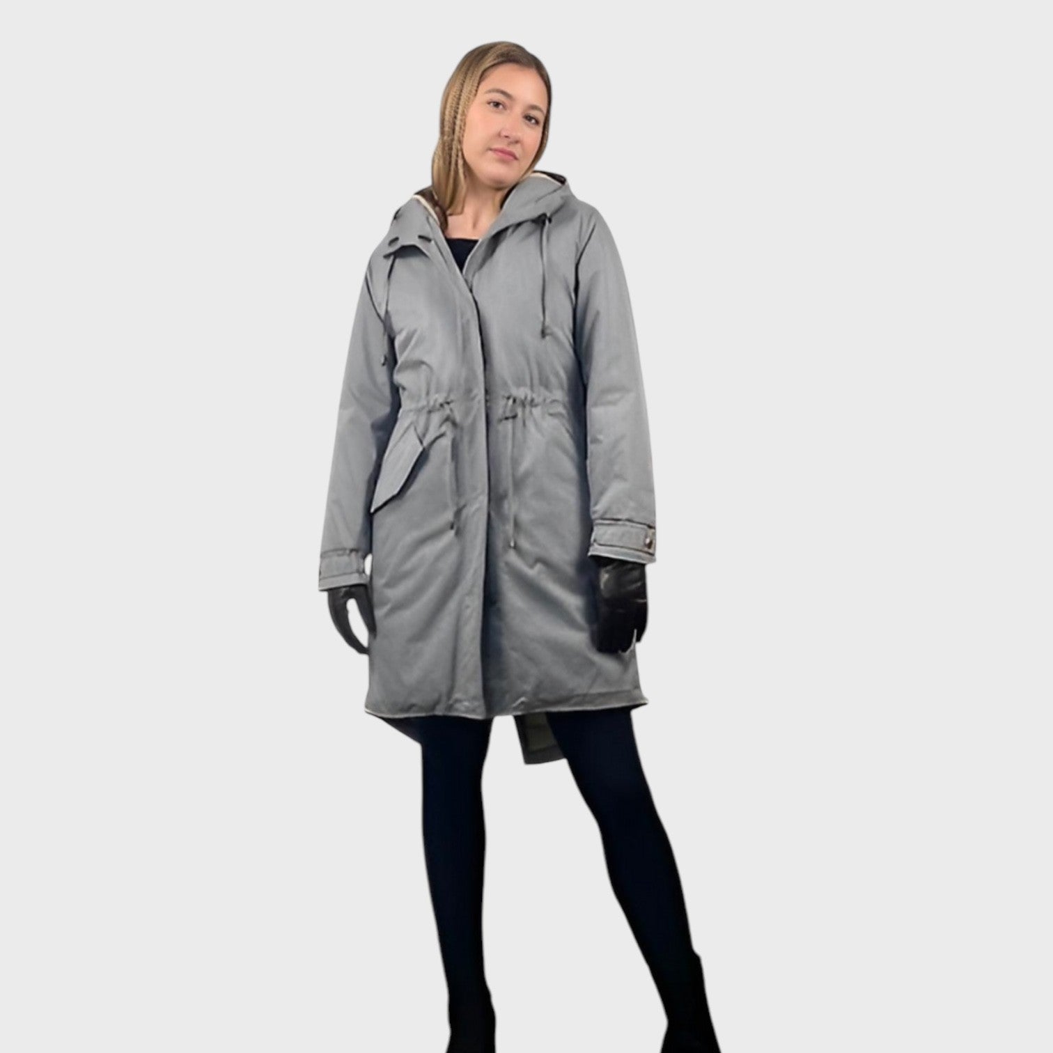 LIGHT GREY COTTON TWILL PARKA WITH UPCYCLED SHEARED RACCOON LINER