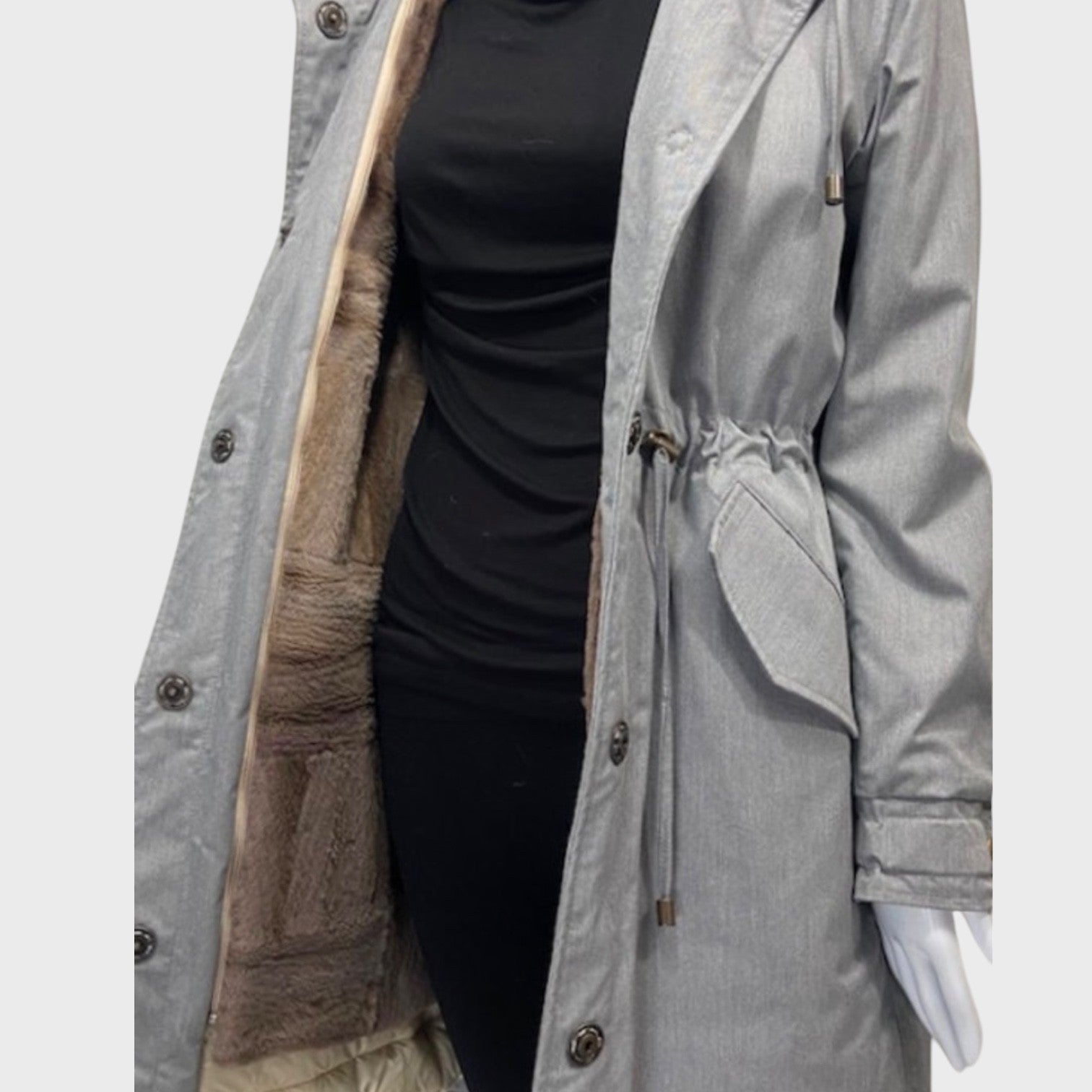 LIGHT GREY COTTON TWILL PARKA WITH UPCYCLED SHEARED RACCOON LINER