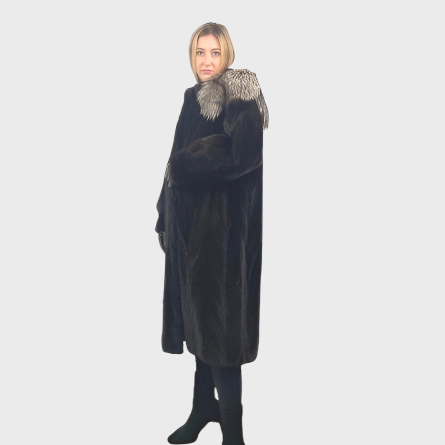 WOMEN'S BLACK MINK TAIL COAT SILVER FOX TRIM