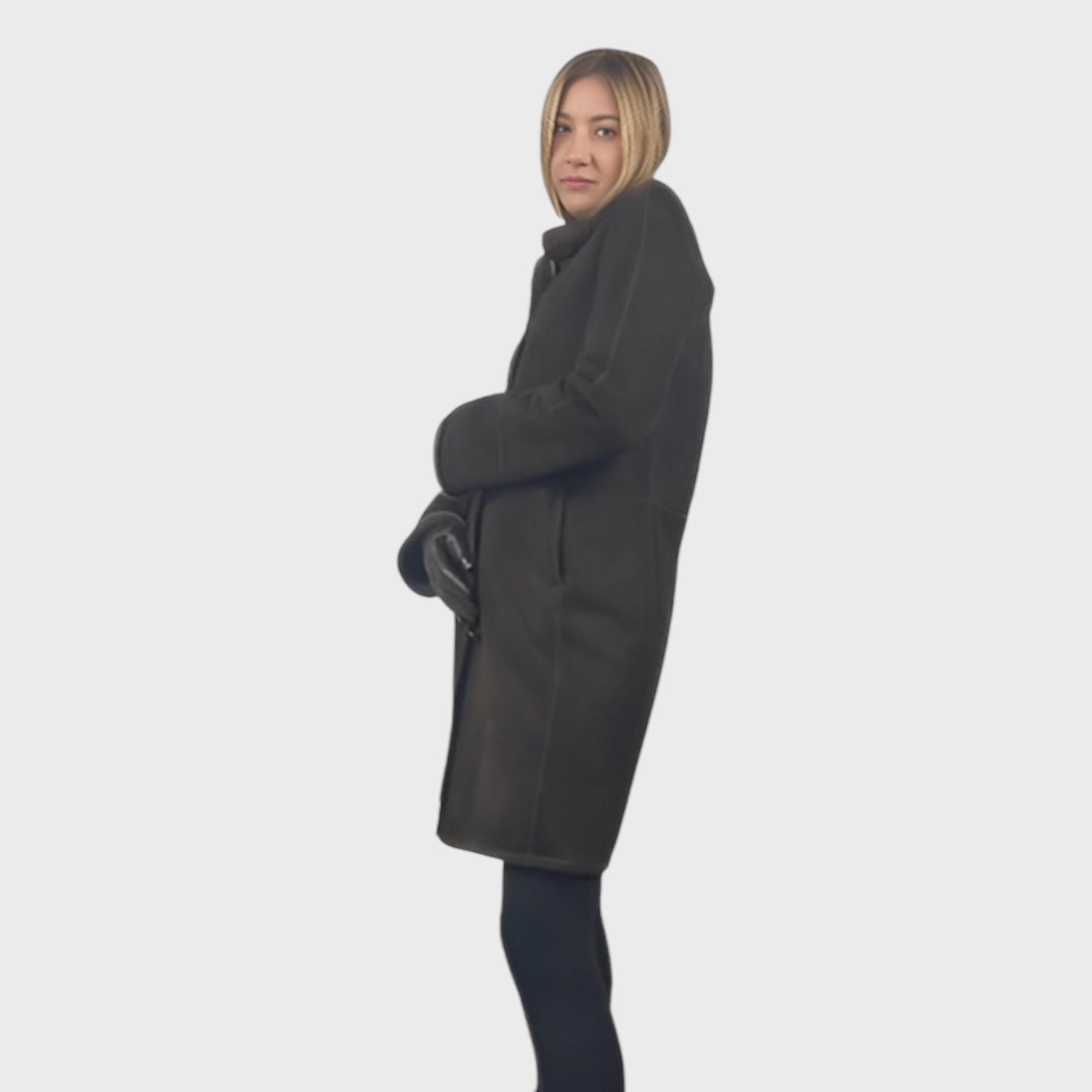 WOMEN'S BROWN 7/8 SHEARLING COAT