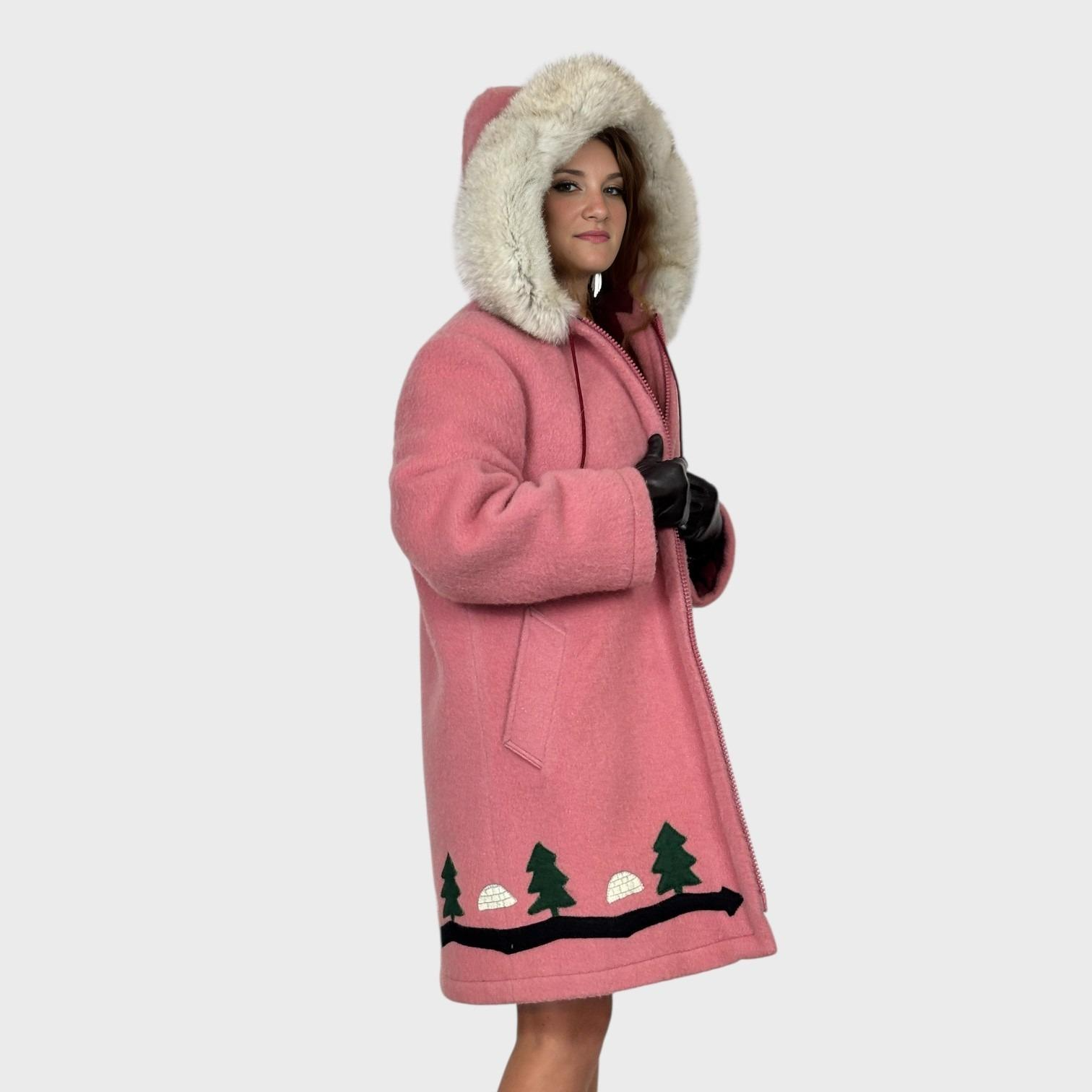 Vintage Pink Inuit Wool Parka Fox Trimmed.