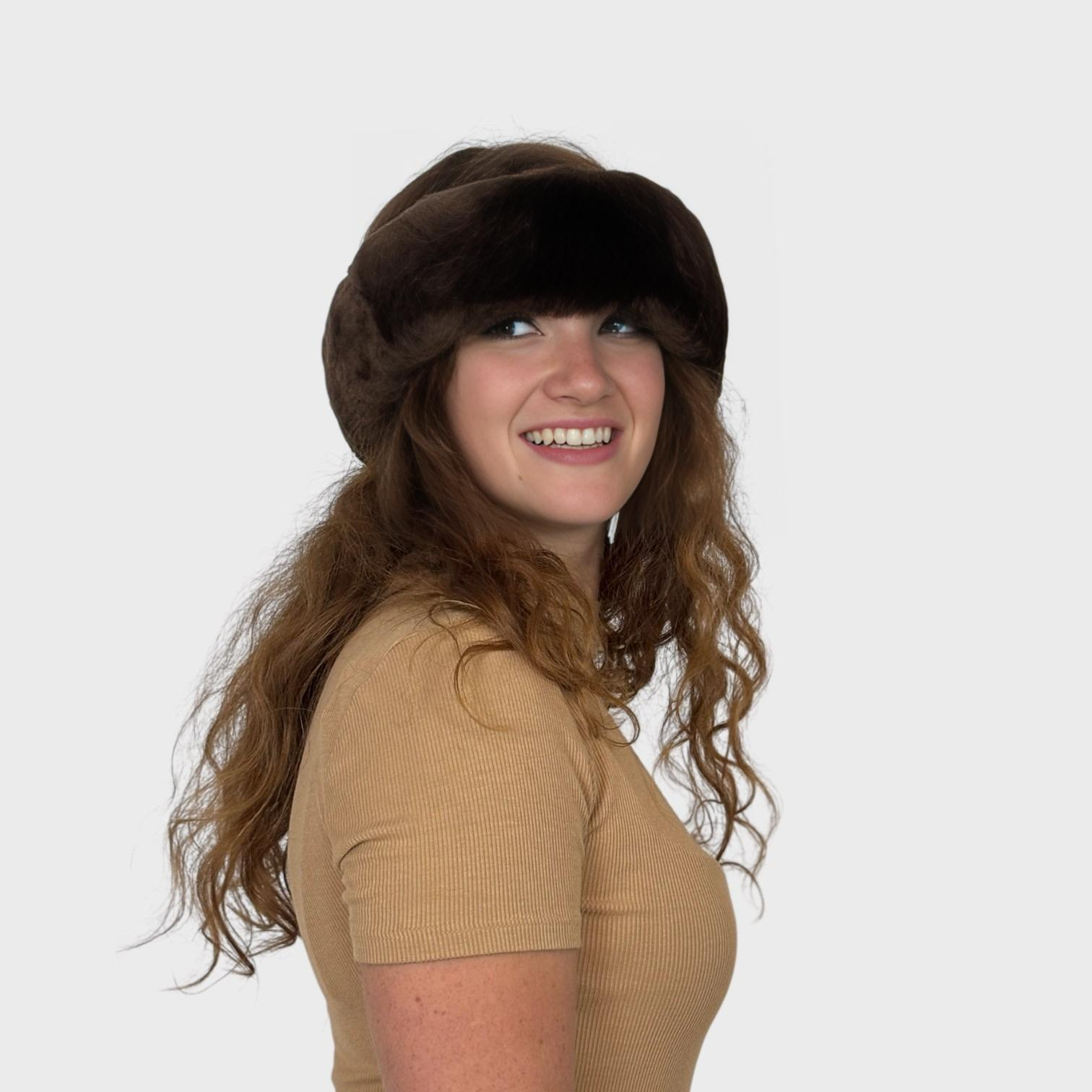 Brown Sheared Beaver Headband with pompoms