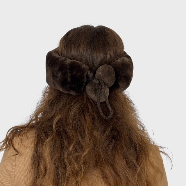 Brown Sheared Beaver Headband with pompoms