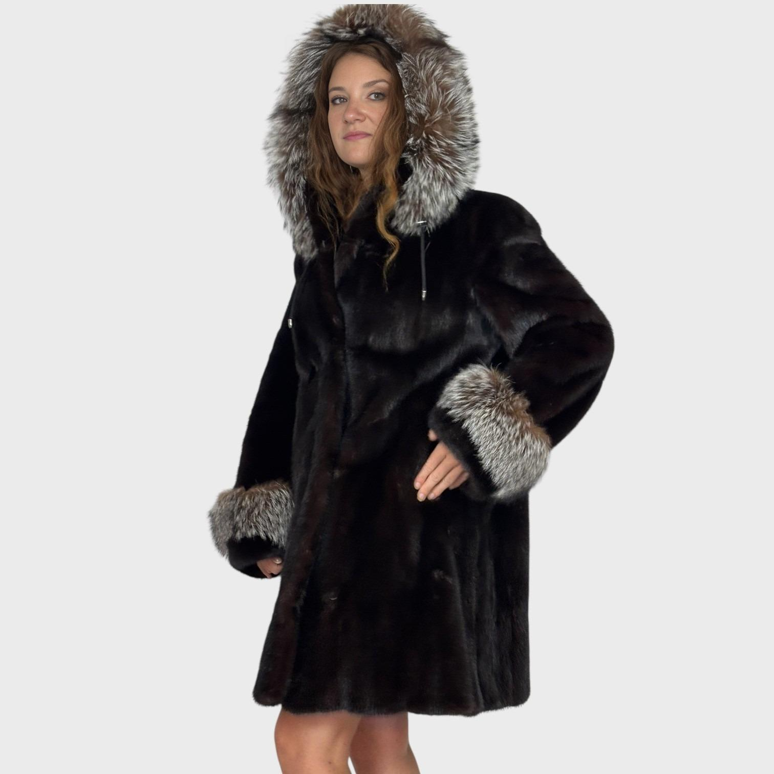 Dark Ranch mink 3/4 Jacket - Upcycled fur - Detachable hood-Fox Trim