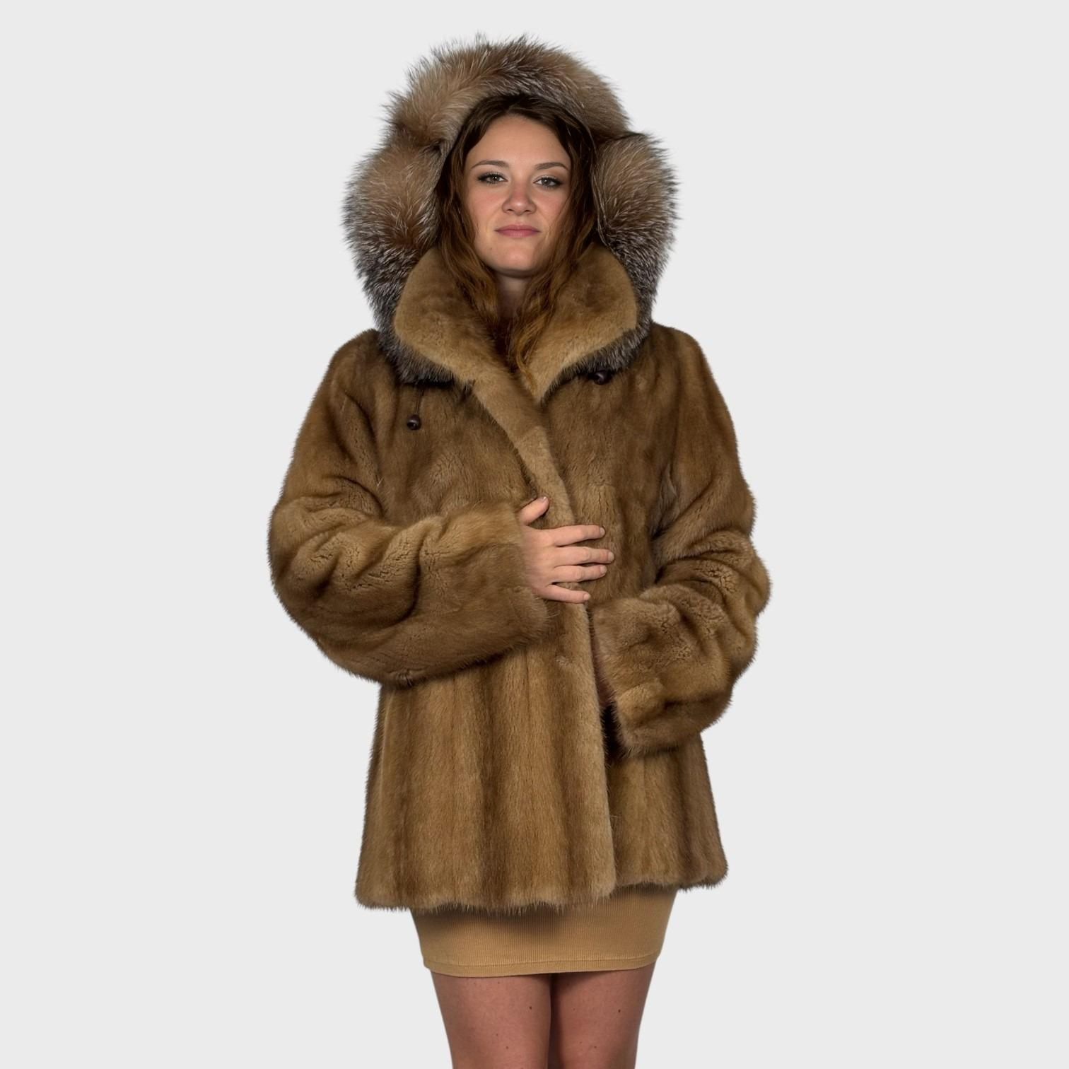 Pastel Mink Jacket-Upcycled fur - Detachable Hood-Crystal Fox Trim