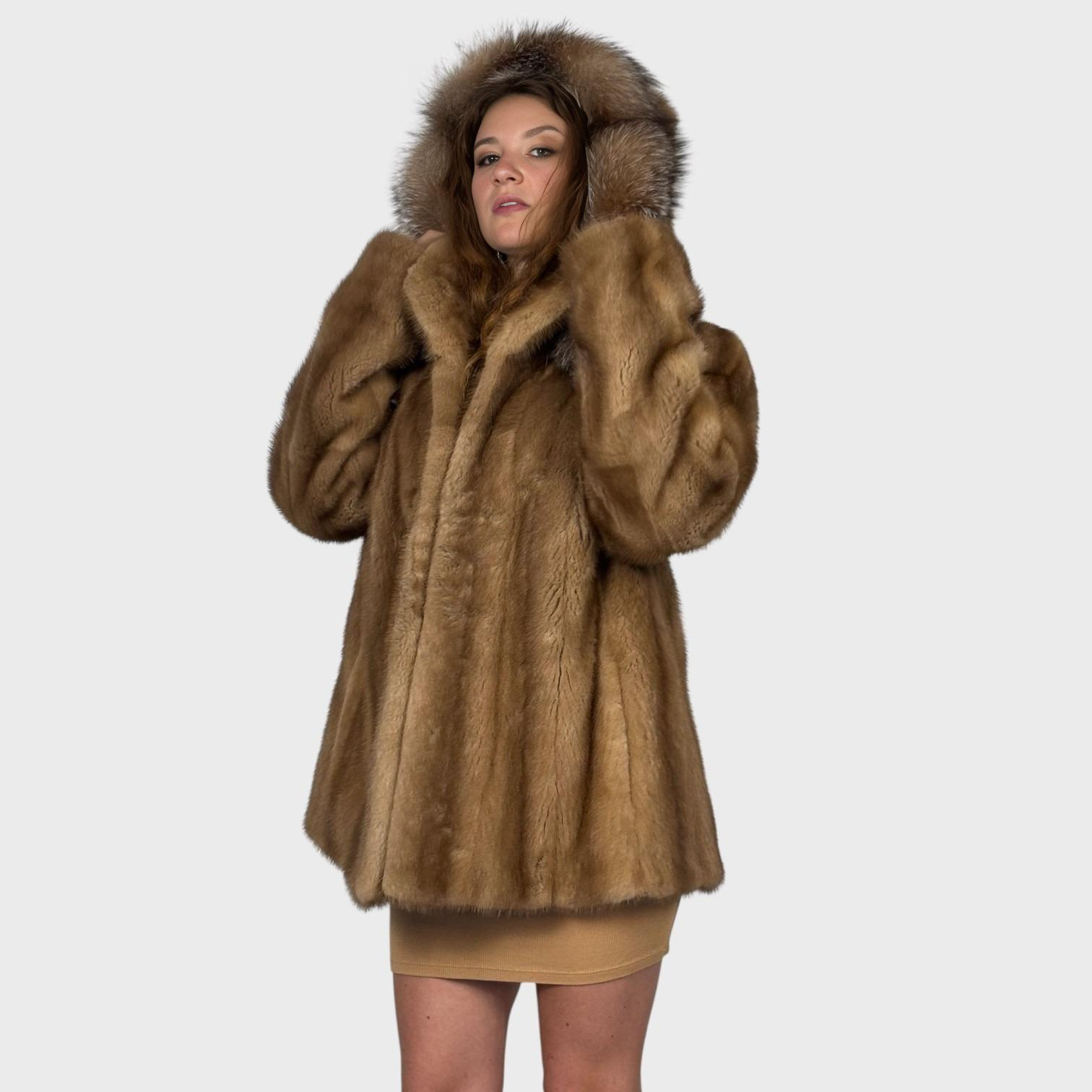Pastel Mink Jacket-Upcycled fur - Detachable Hood-Crystal Fox Trim