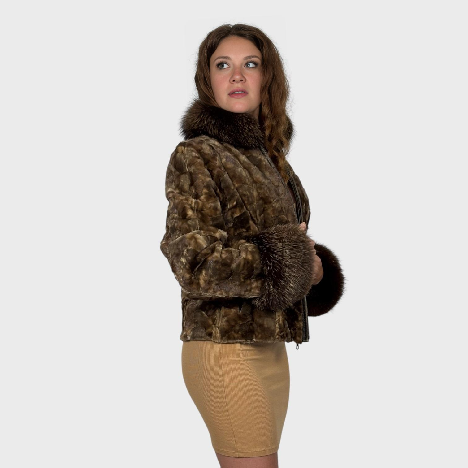 BROWN SCALLOPED SHEARED MINK JACKET - FOX COLLAR and CUFFS