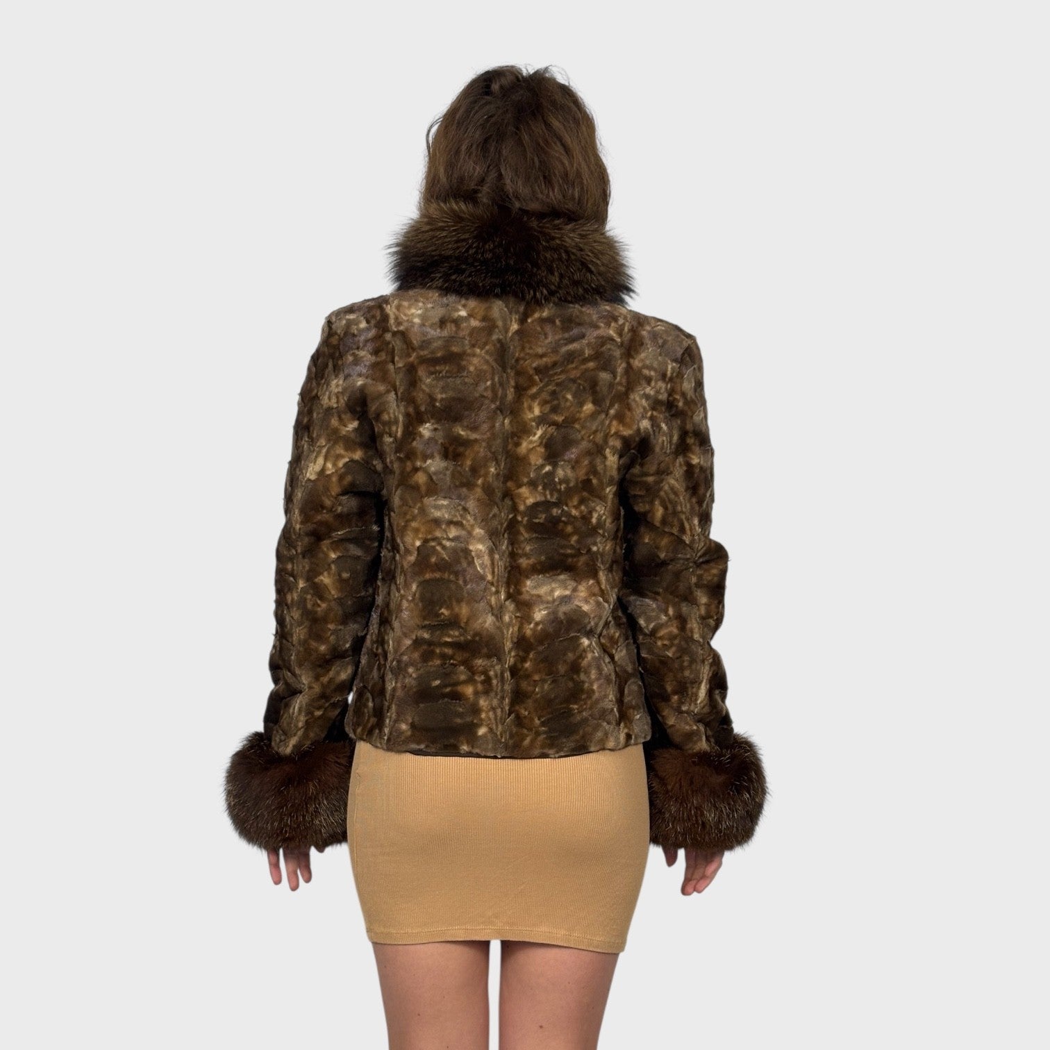 BROWN SCALLOPED SHEARED MINK JACKET - FOX COLLAR and CUFFS
