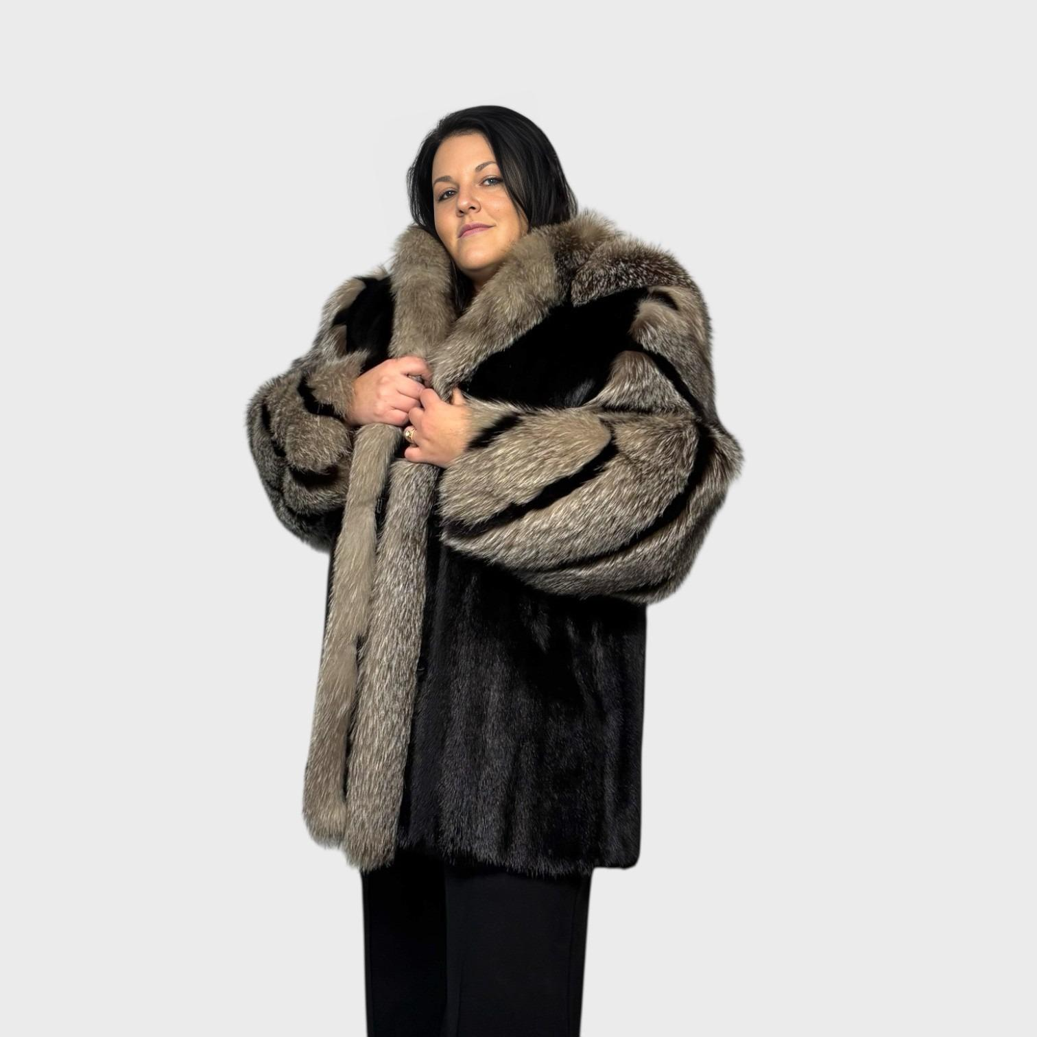 Black Mink Jacket with Detachable Hood - Indigo Fox Trim