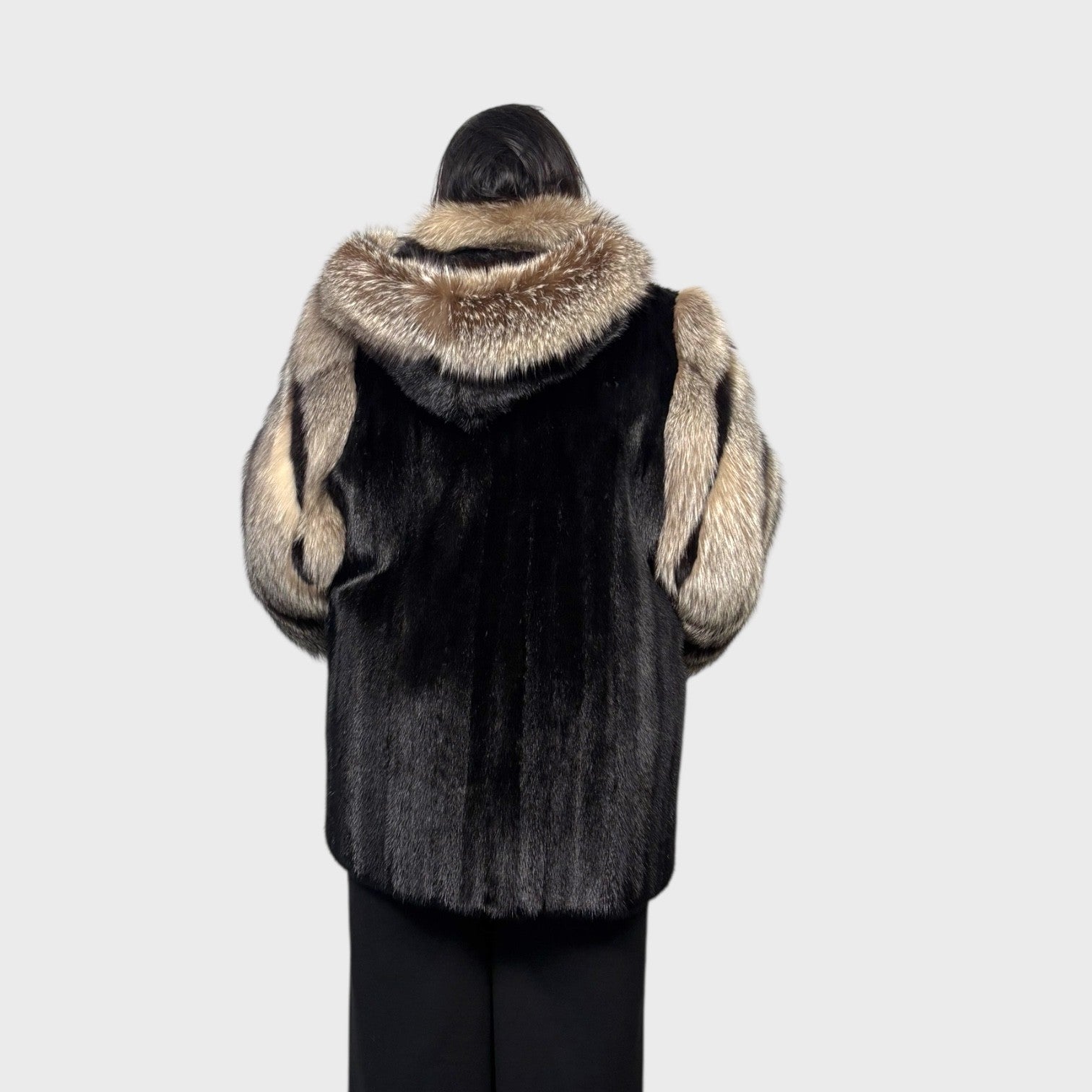 Black Mink Jacket with Detachable Hood - Indigo Fox Trim