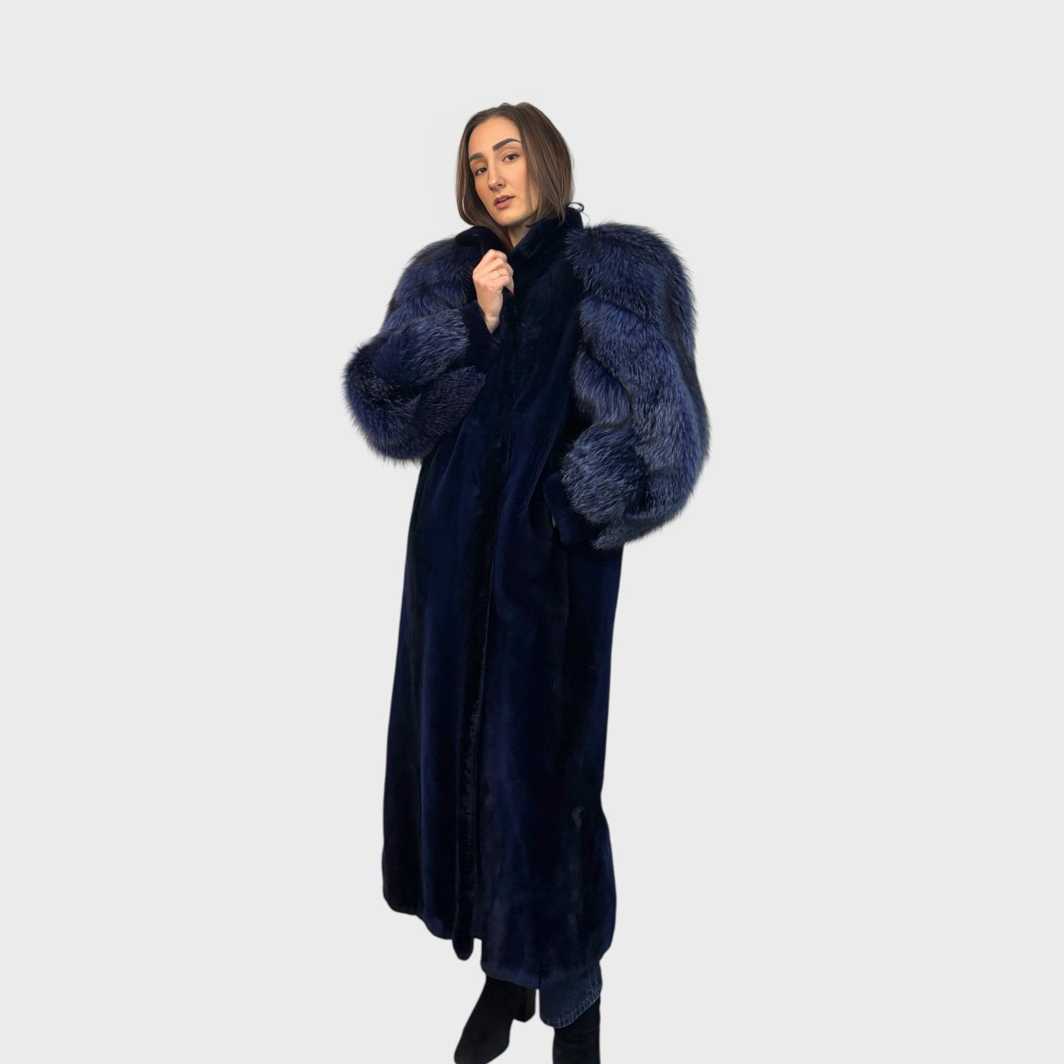 Royal Blue Dyed Sheared Beaver Coat - Silver Fox Sleeves Dyed to Match