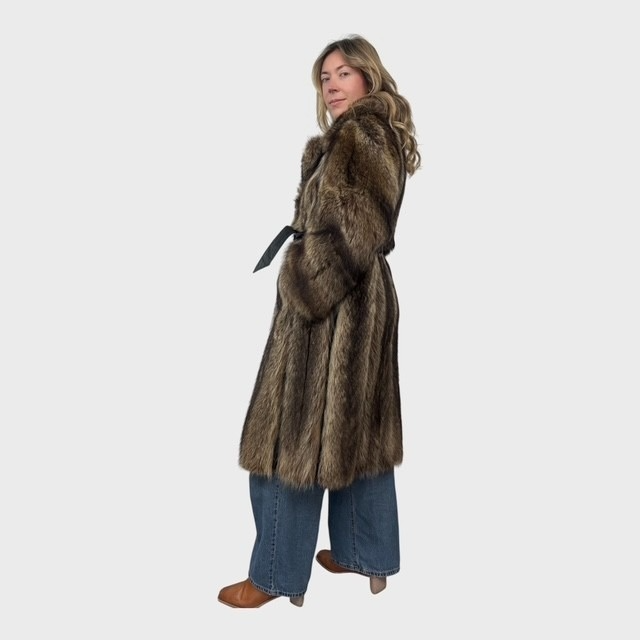 Natural Vintage Petite Raccoon Coat  with Leather Belt