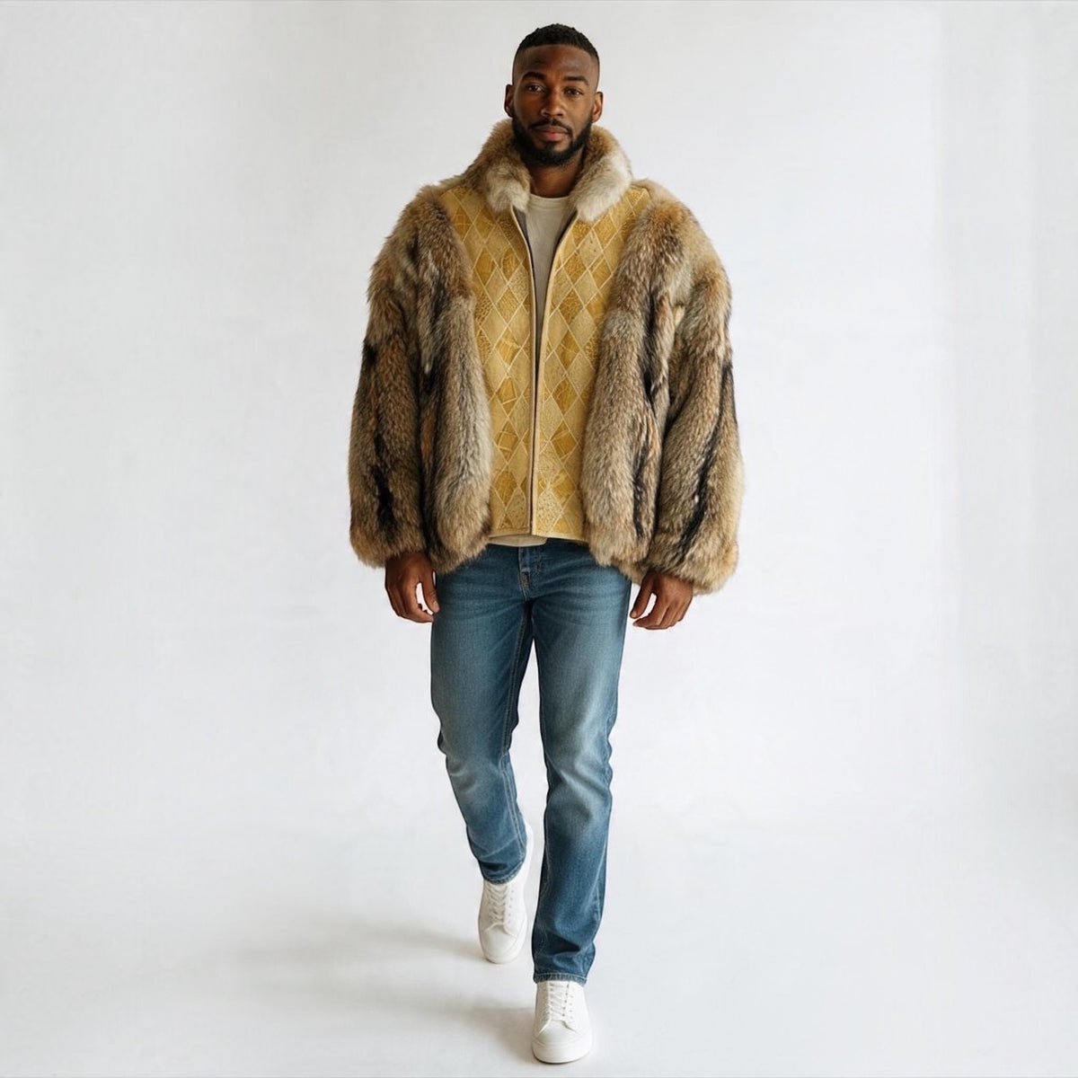 Men's Natural Coyote Fur Bomber Jacket – Gator Fronts | Size 3XL