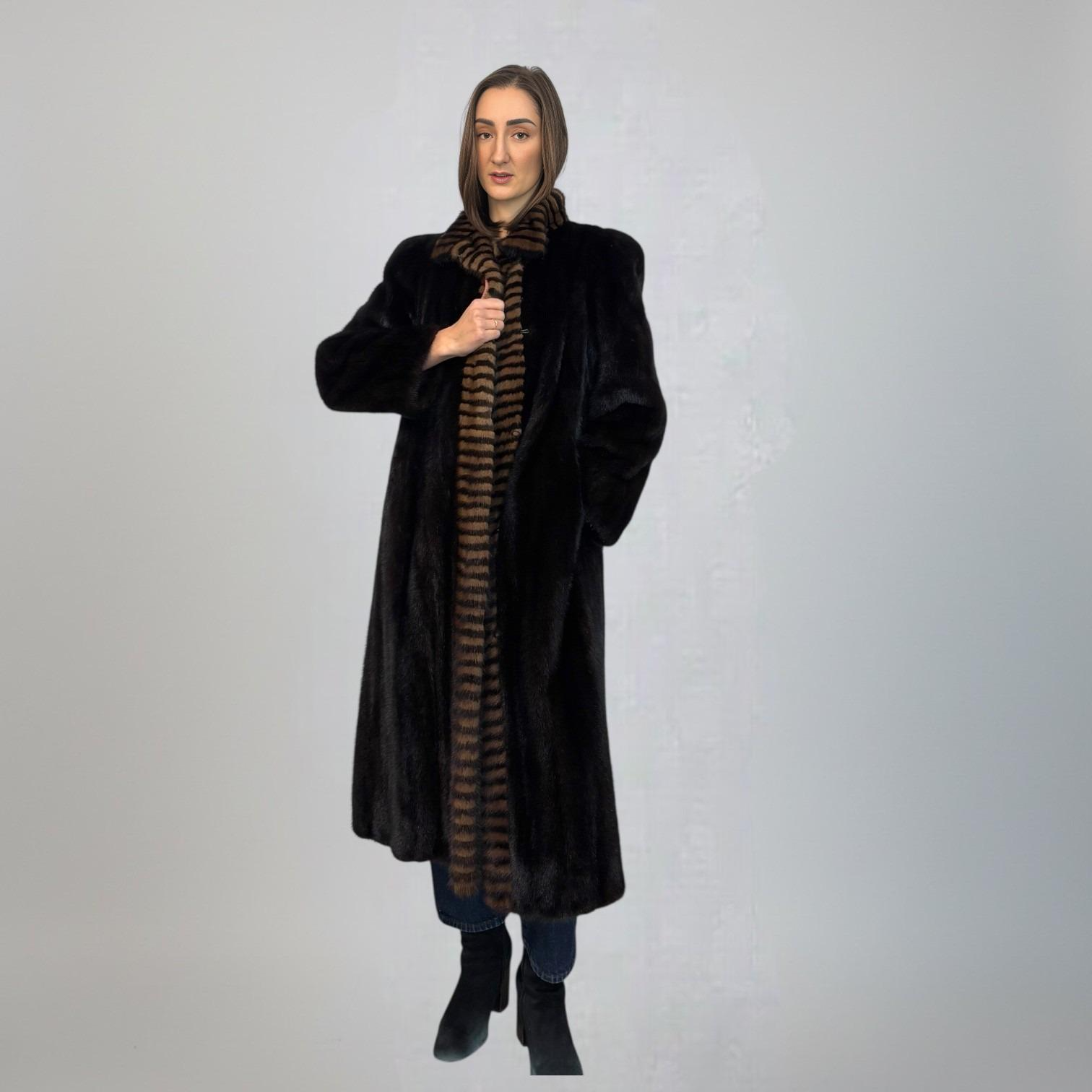 Dark Ranch Mink Coat - Two Tone Trim on Collar and Fronts