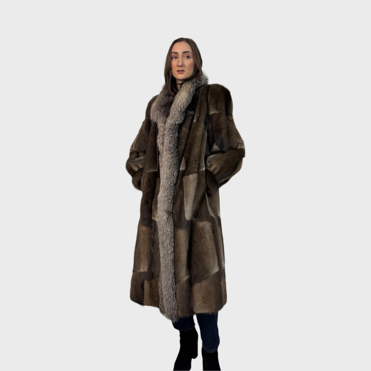Vintage Natural Muskrat Coat with Fox Tuxedo Trim