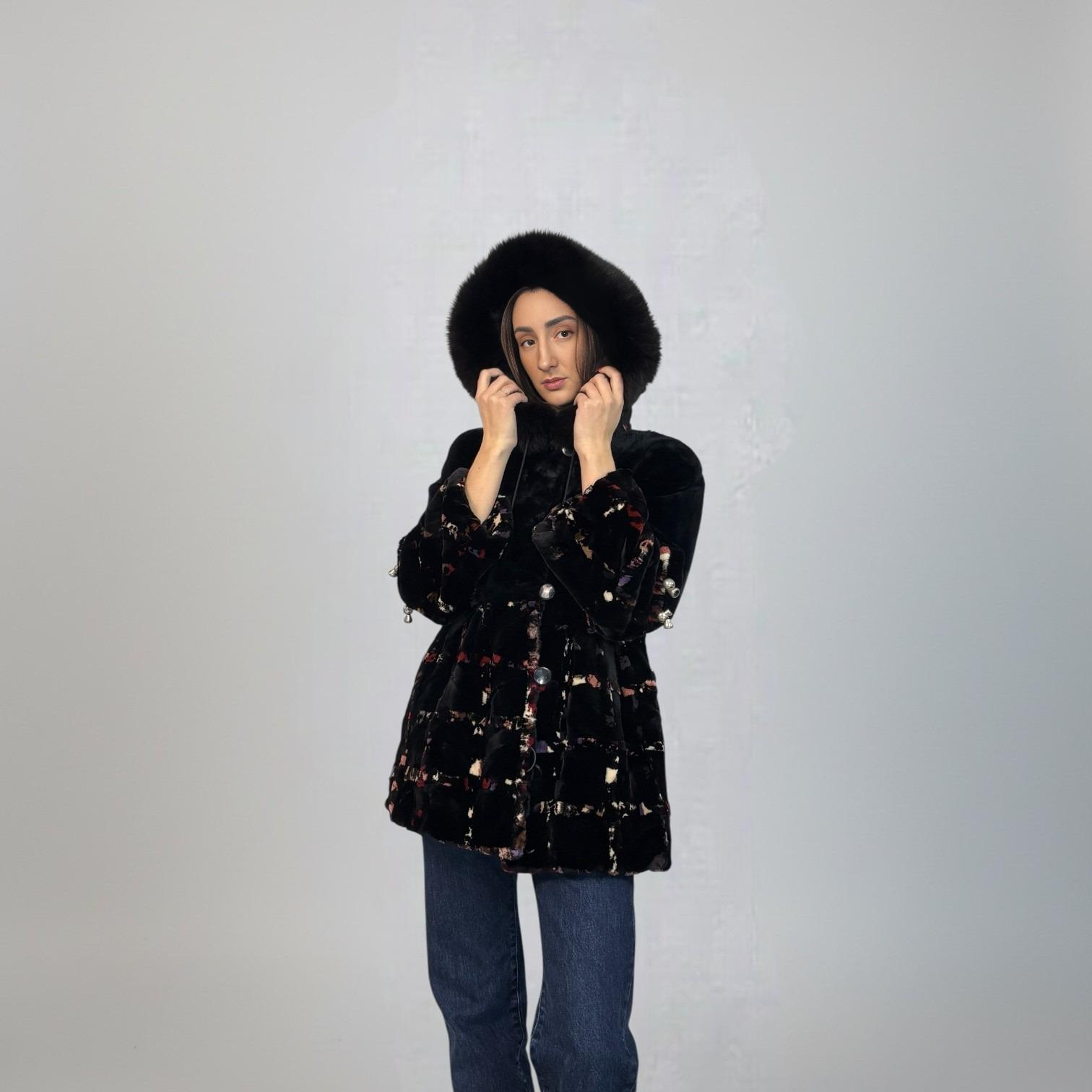 Sheared Beaver and Multicolored Sheared Mink Design Hooded Jacket -Fox trim on Hood