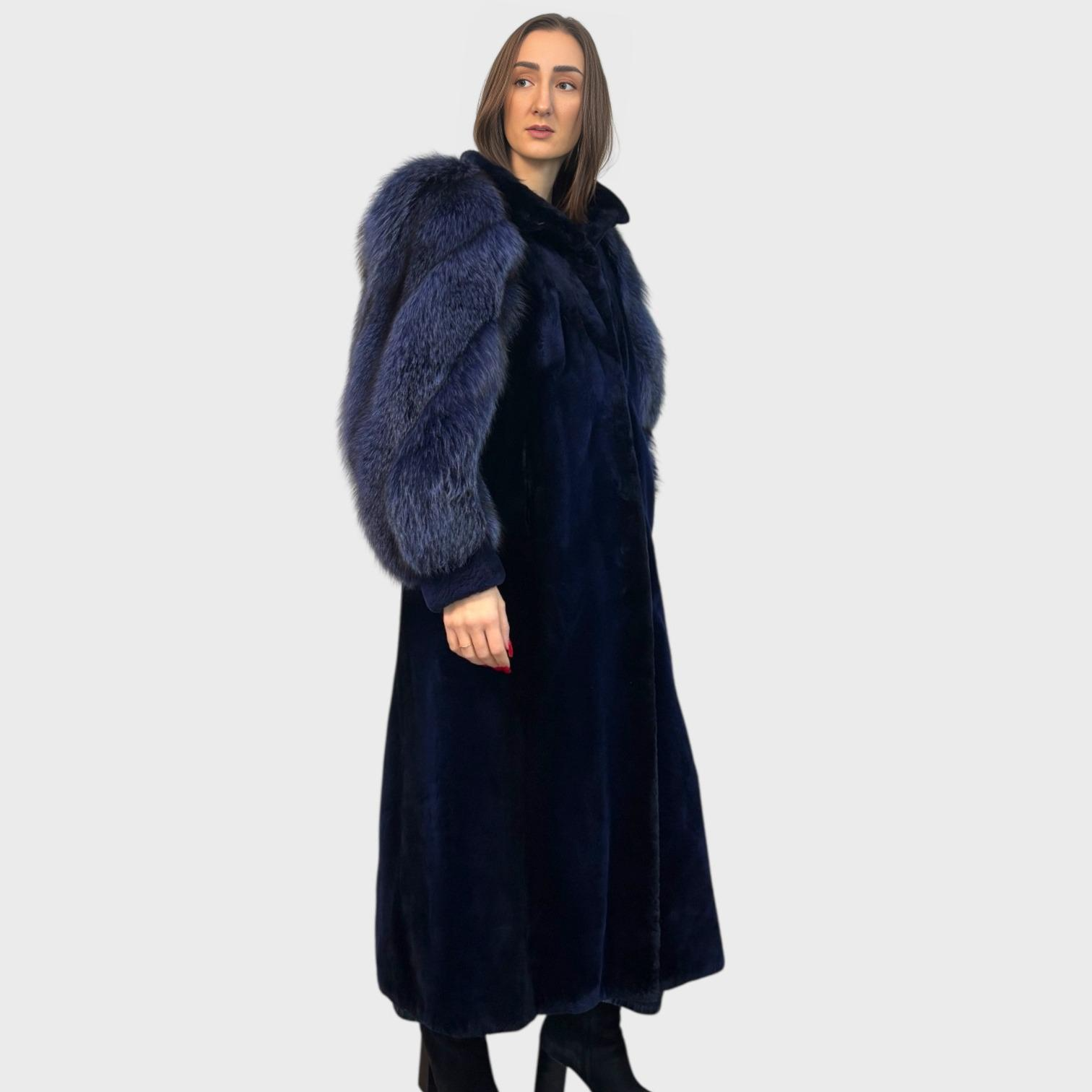 Royal Blue Dyed Sheared Beaver Coat - Silver Fox Sleeves Dyed to Match
